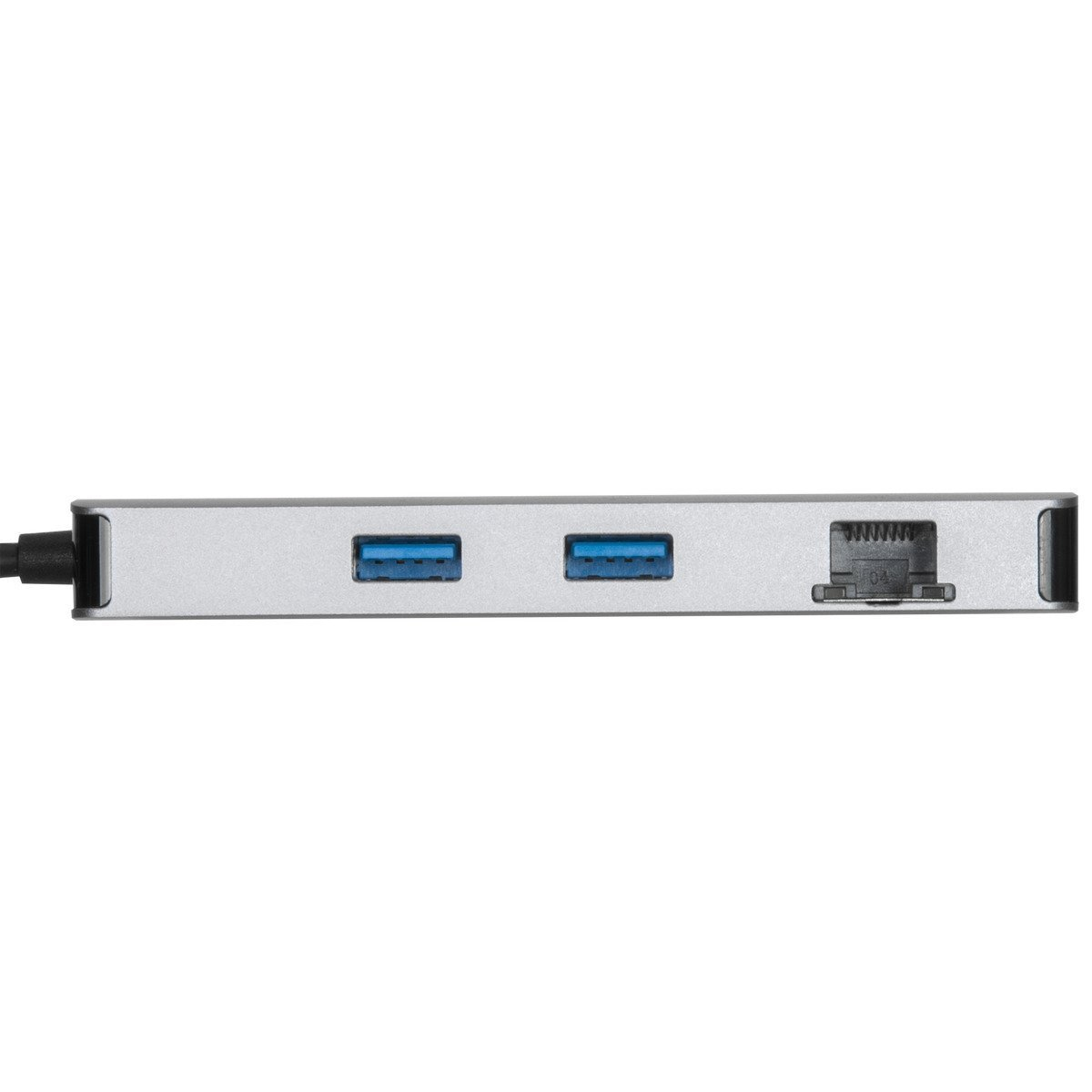Silberner USB-Hub mit USB-Anschlüssen und einem Netzwerkanschluss.