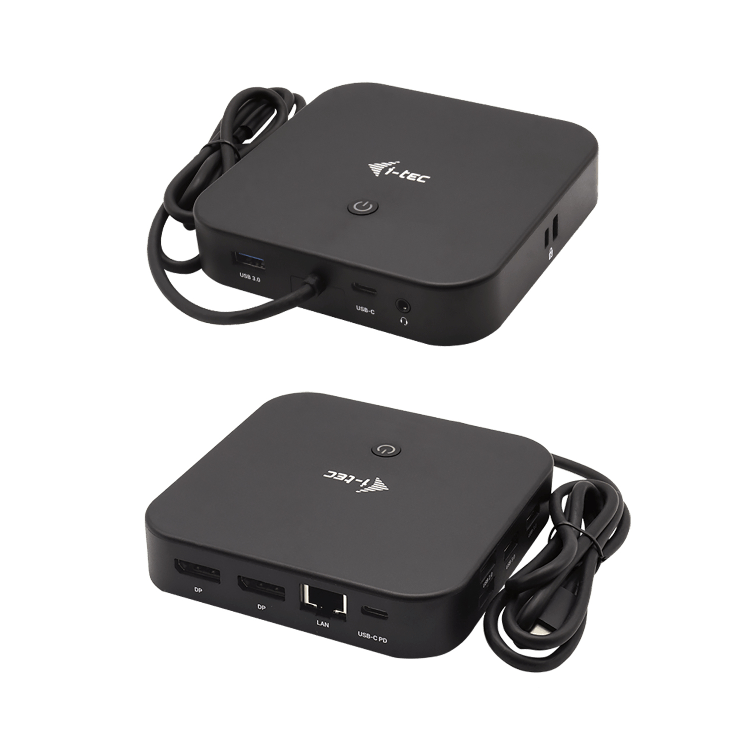 Two black i-tec docking stations, one on top of the other, on a white surface.