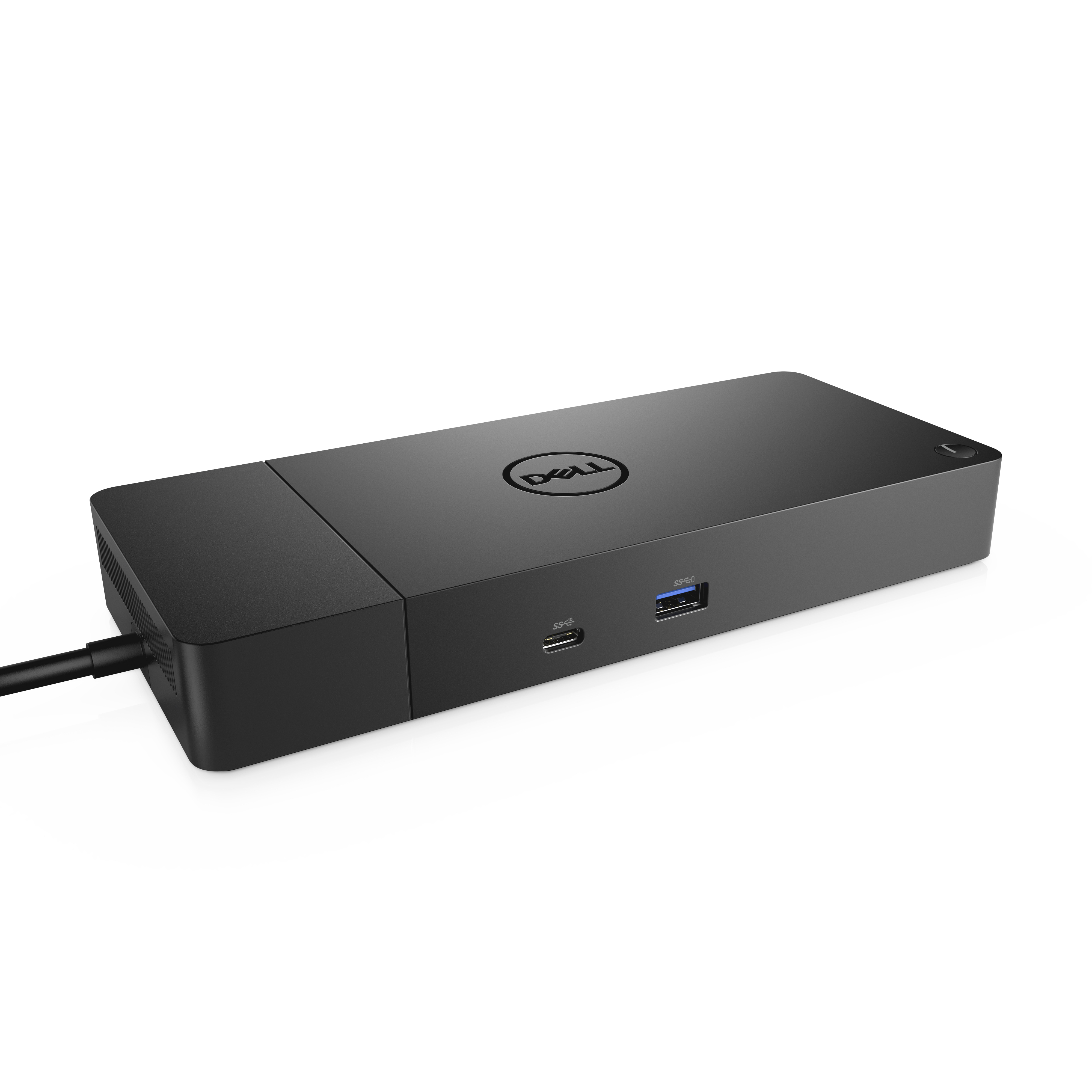 Czarna stacja dokująca Dell. Posiada porty USB i USB-C. Kształt prostokątny.