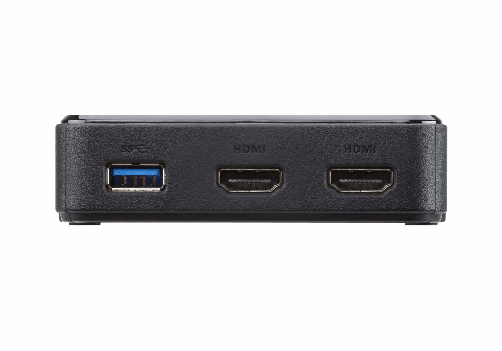 Nahaufnahme eines schwarzen Geräts mit USB- und HDMI-Anschlüssen.