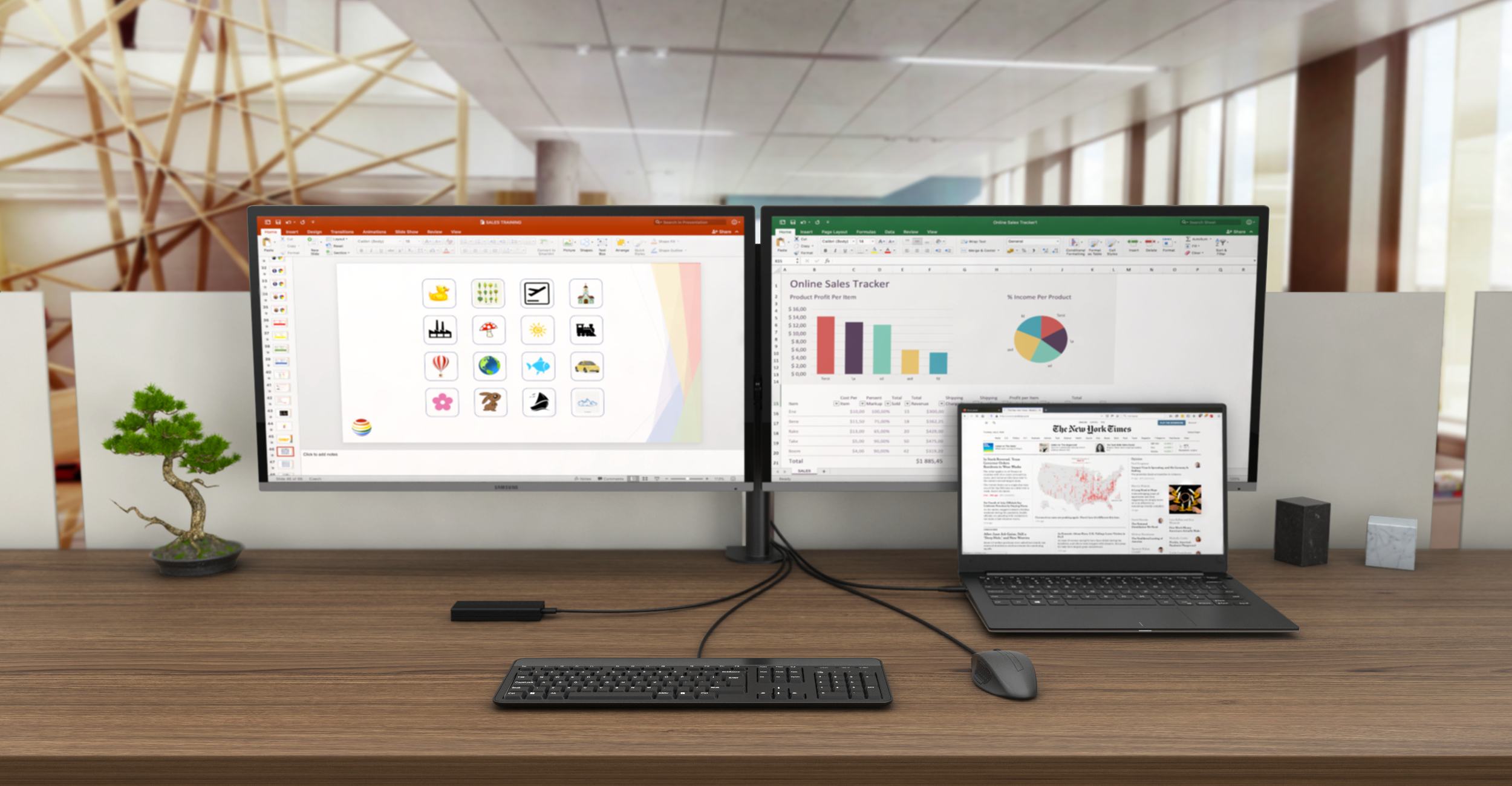 Office desk with two monitors displaying presentations. A laptop, keyboard, mouse, and desk hub are on the desk.