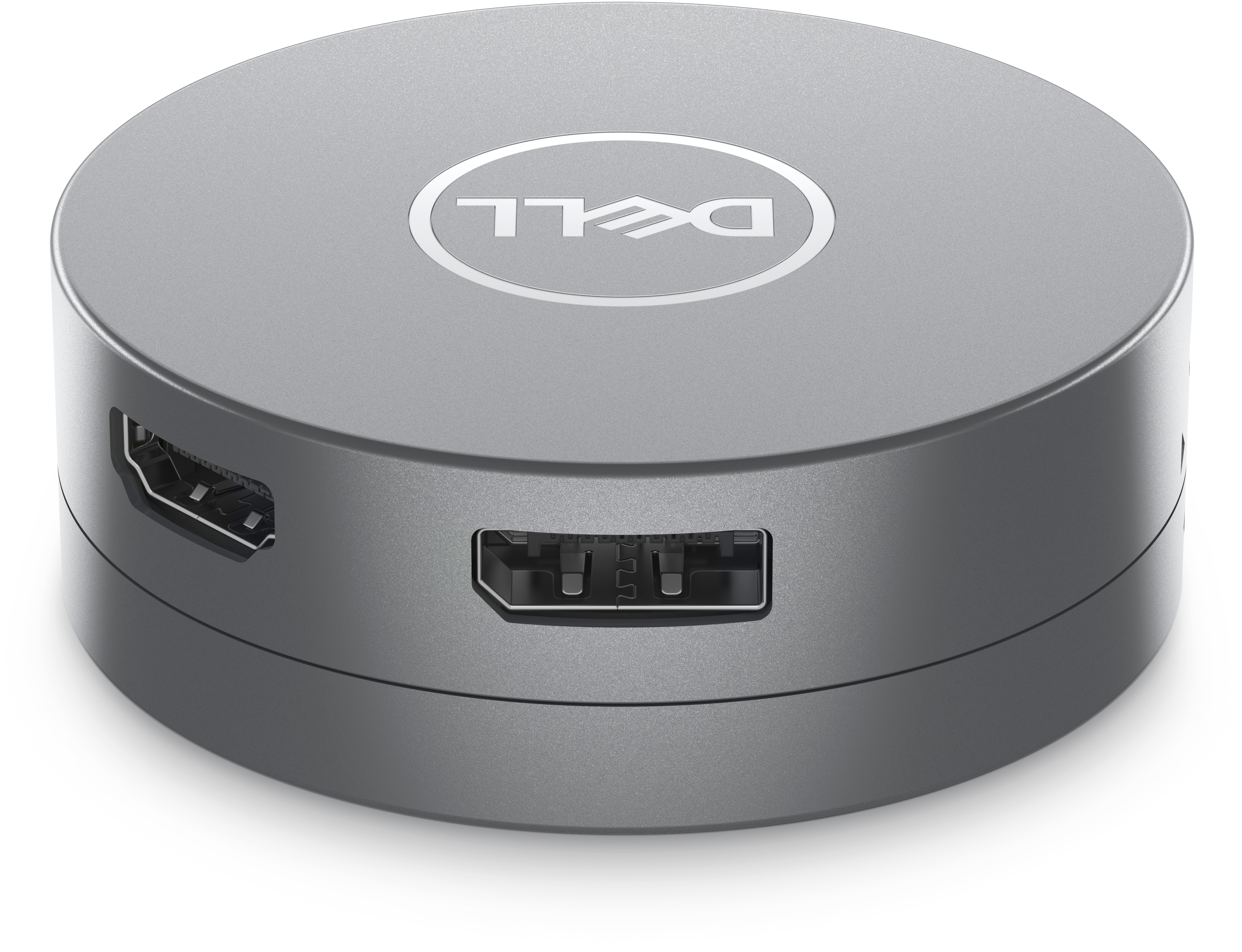 Een zilveren Dell-hub met HDMI- en USB-poorten aan de zijkanten.