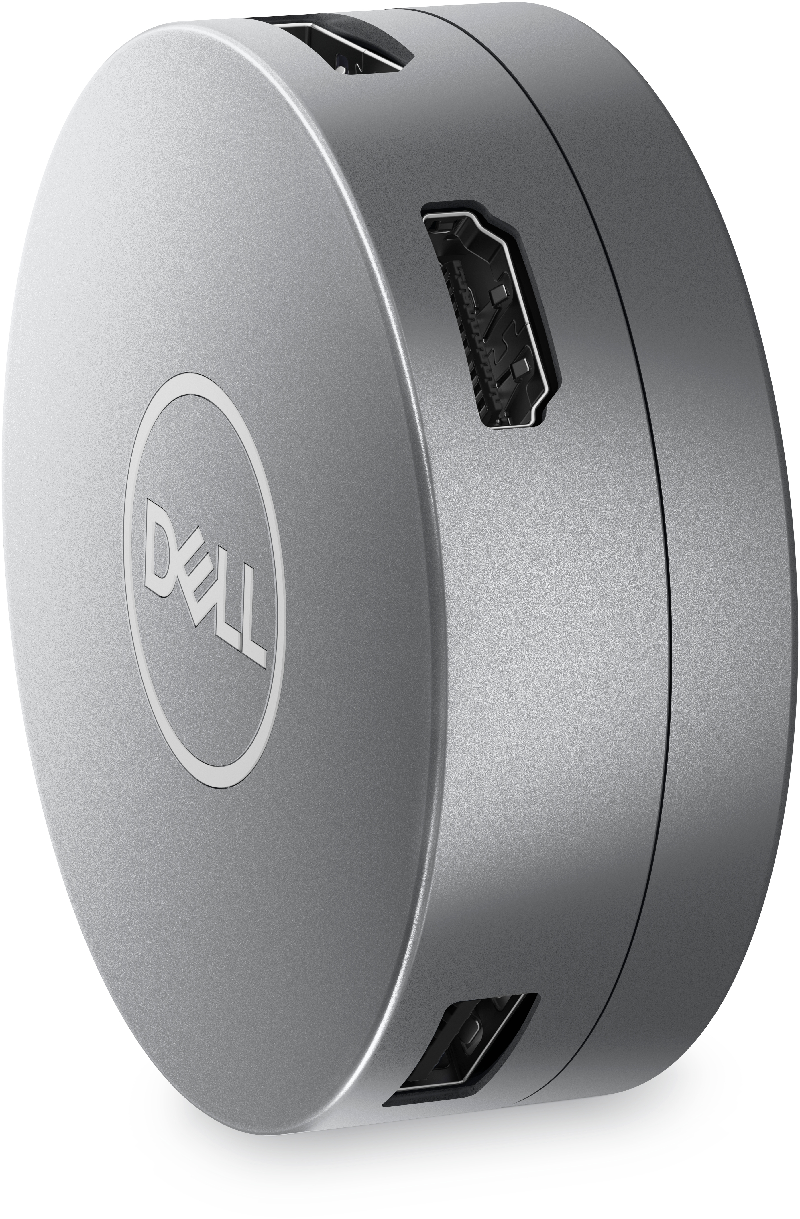 Een zilveren Dell docking station met verschillende poorten. Het Dell-logo is zichtbaar.