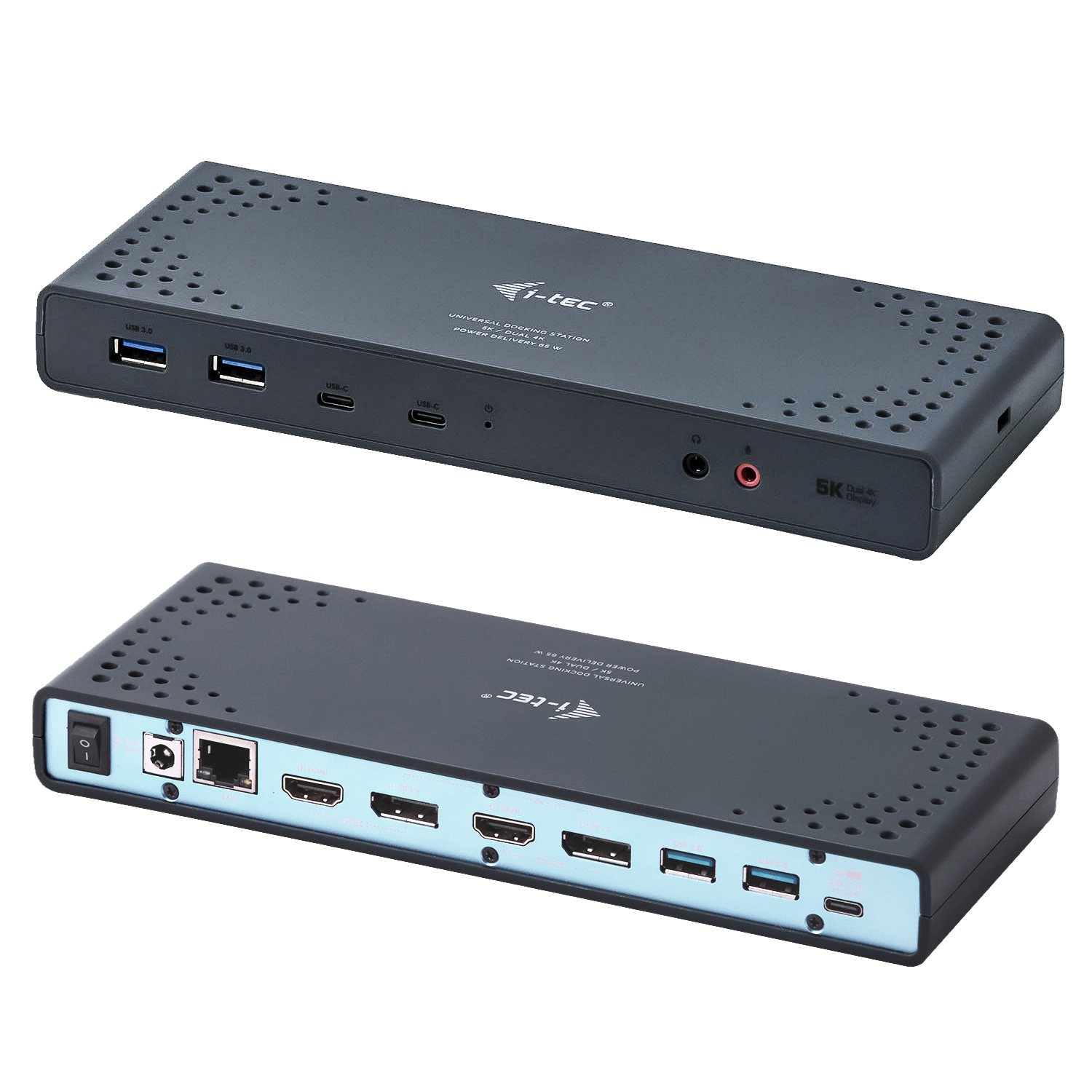 Black docking station with multiple ports. USB, HDMI, Ethernet and audio ports are visible on both sides.