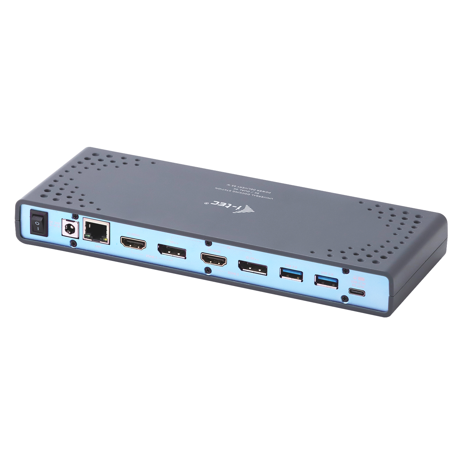 A gray docking station with various ports and a power button. It has a blue border and a black top.