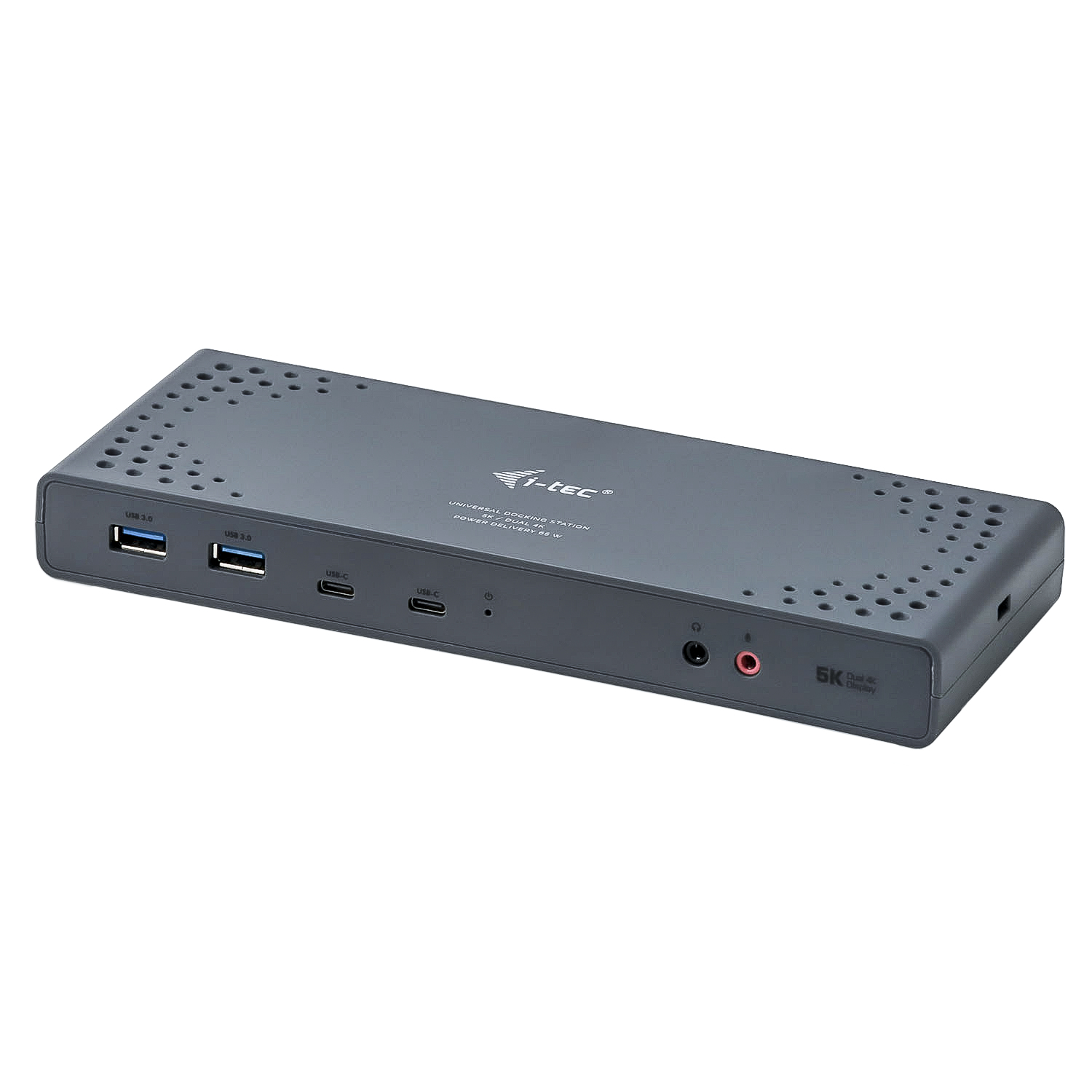 A dark gray docking station with multiple ports, including USB and USB-C, on a white background.