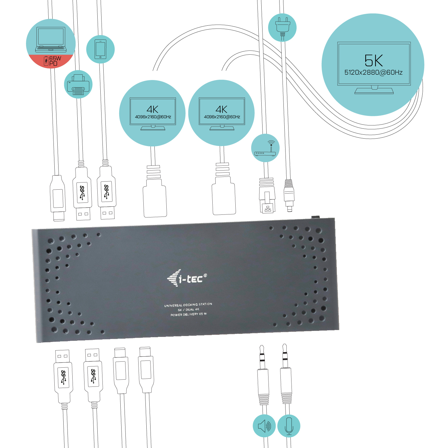 Gray docking station with various connected cables. Displays and other devices connected. White background.