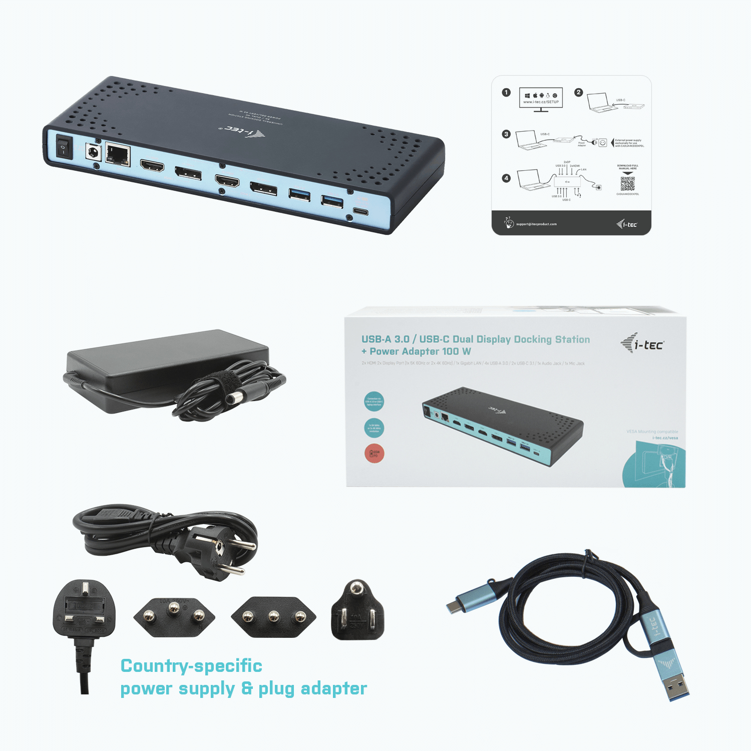 A USB-C docking station with power adapter and cables. White background.