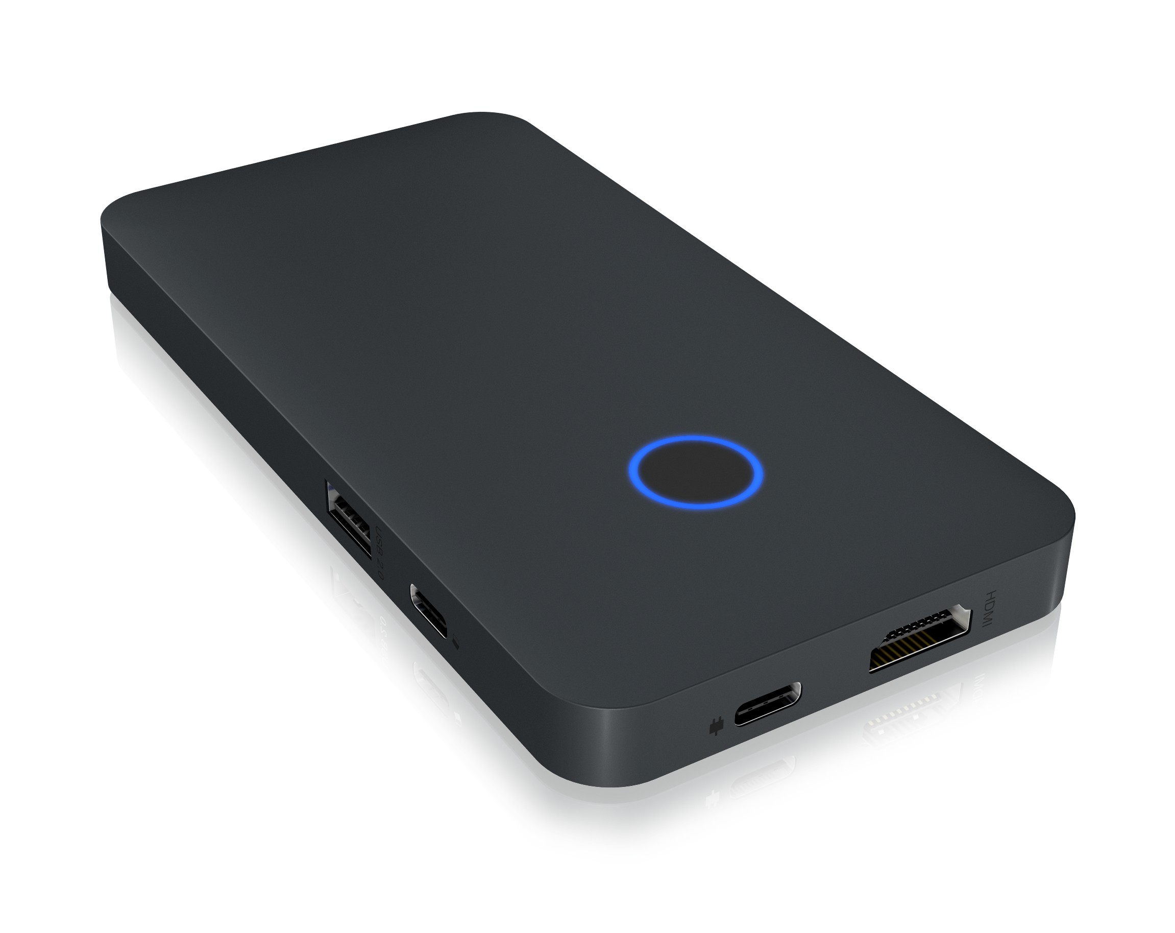 Schwarzes Gerät mit blauem Licht, USB- und HDMI-Anschlüssen. Isoliert auf Weiß.