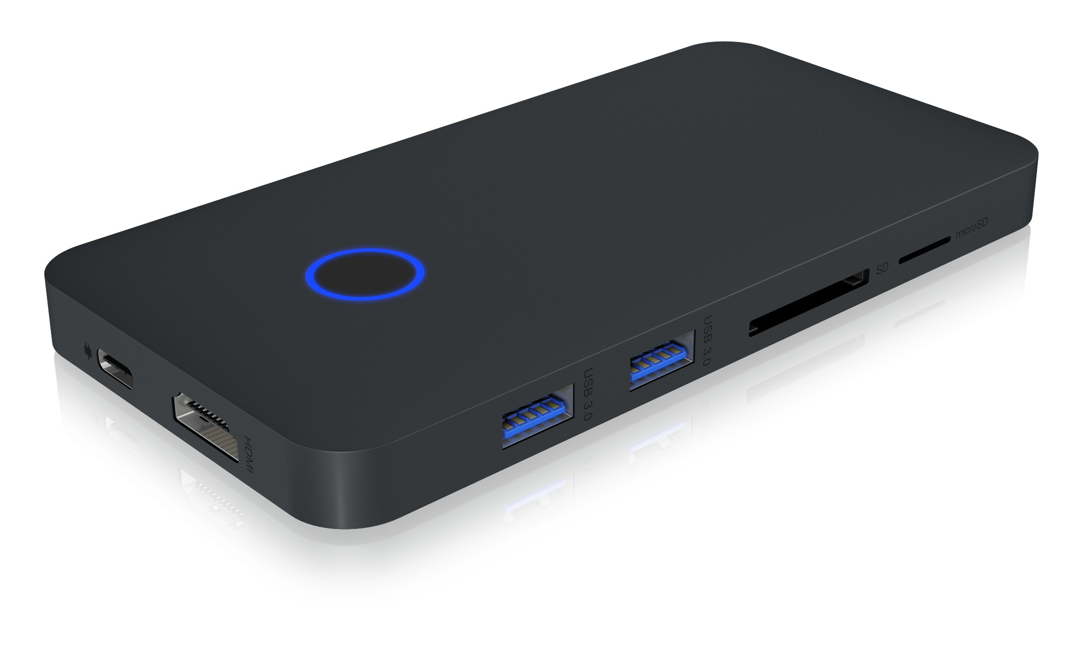 Schwarzer Hub mit USB-Anschlüssen, HDMI und SD-Kartensteckplatz.