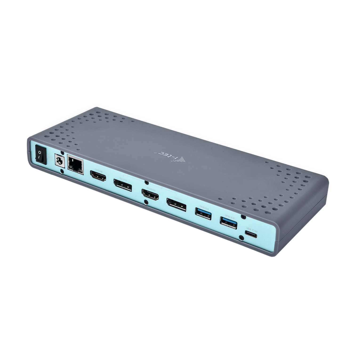 Grijze hub met meerdere poorten, waaronder HDMI en USB, met een aan/uit-knop.