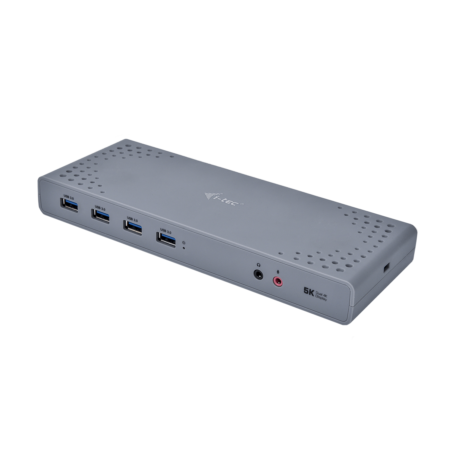 Grijze USB-C docking station met USB-poorten, audio-aansluitingen en aan/uit-knop.