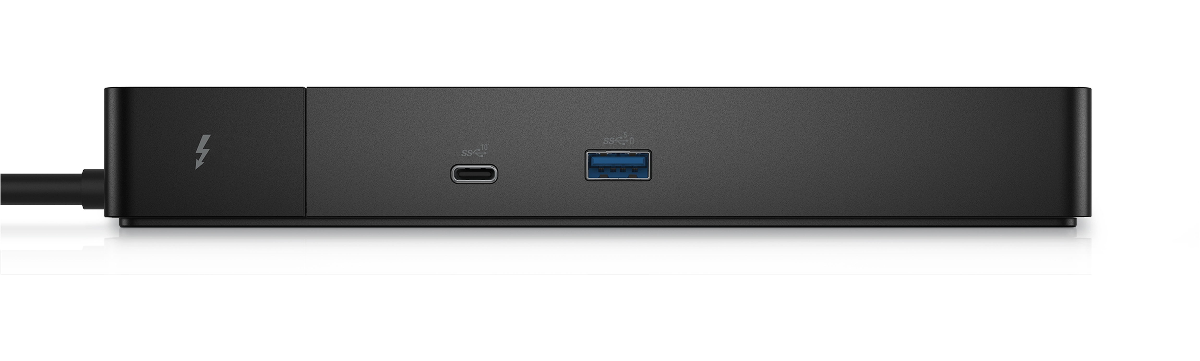 Schwarze Dockingstation mit USB- und Thunderbolt-Anschlüssen.