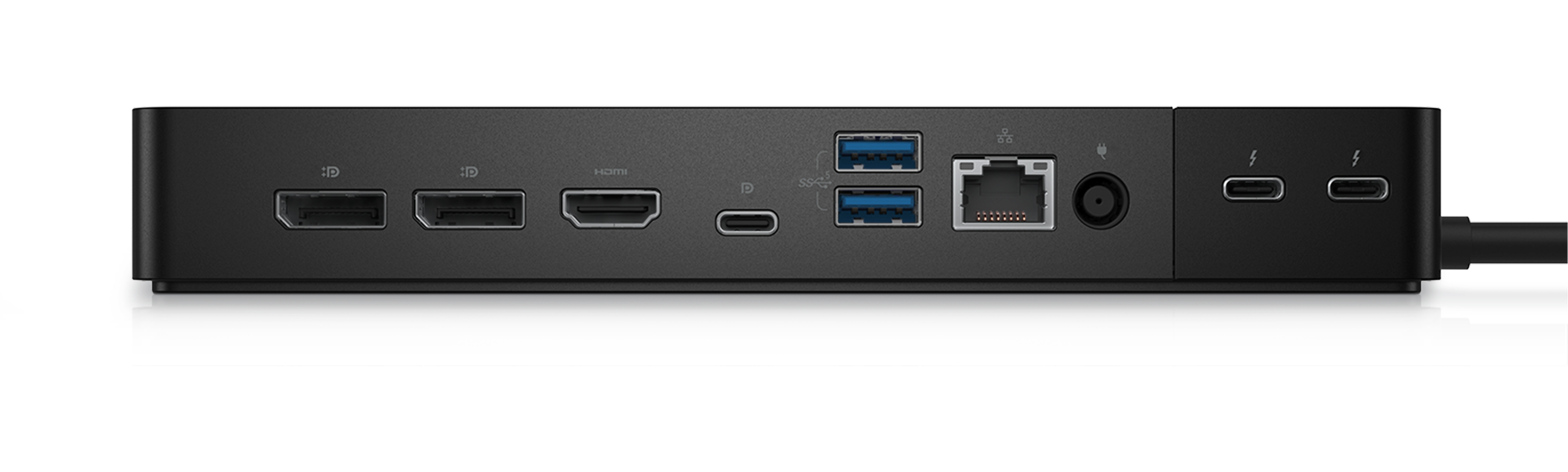 Schwarzes Gerät mit mehreren Anschlüssen, darunter HDMI, USB und Ethernet. Weißer Hintergrund.