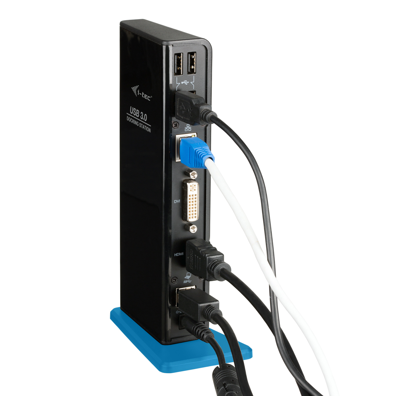 Schwarze USB 3.0-Dockingstation mit mehreren Anschlüssen und angeschlossenen Kabeln.