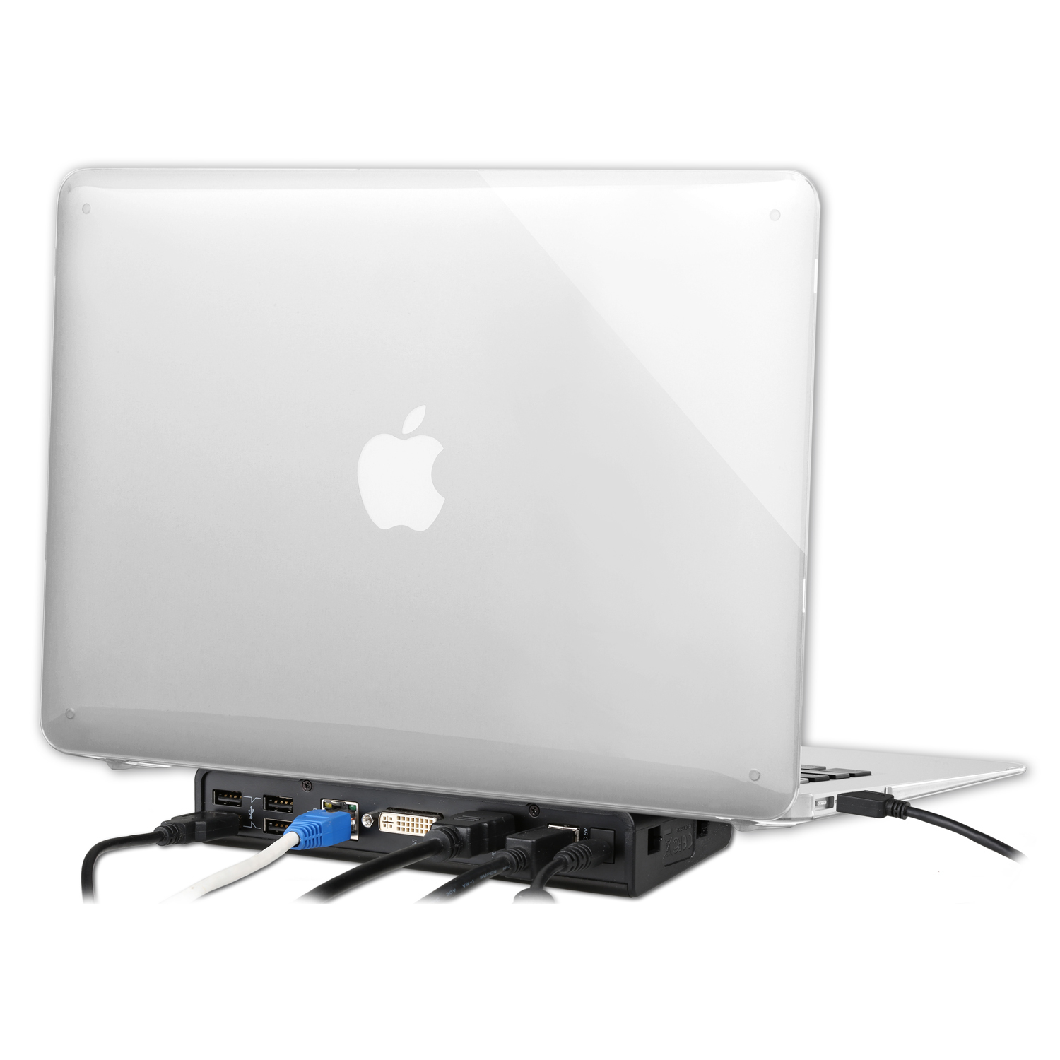 Silberner Laptop mit einer schwarzen Dockingstation. Verschiedene Anschlüsse sind sichtbar.