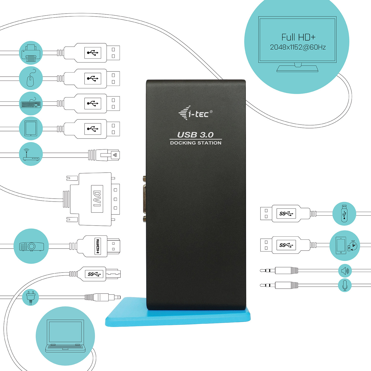 Schwarze USB 3.0 Dockingstation mit mehreren Anschlüssen. Enthält Diagramme verschiedener Peripherie-Anschlüsse.