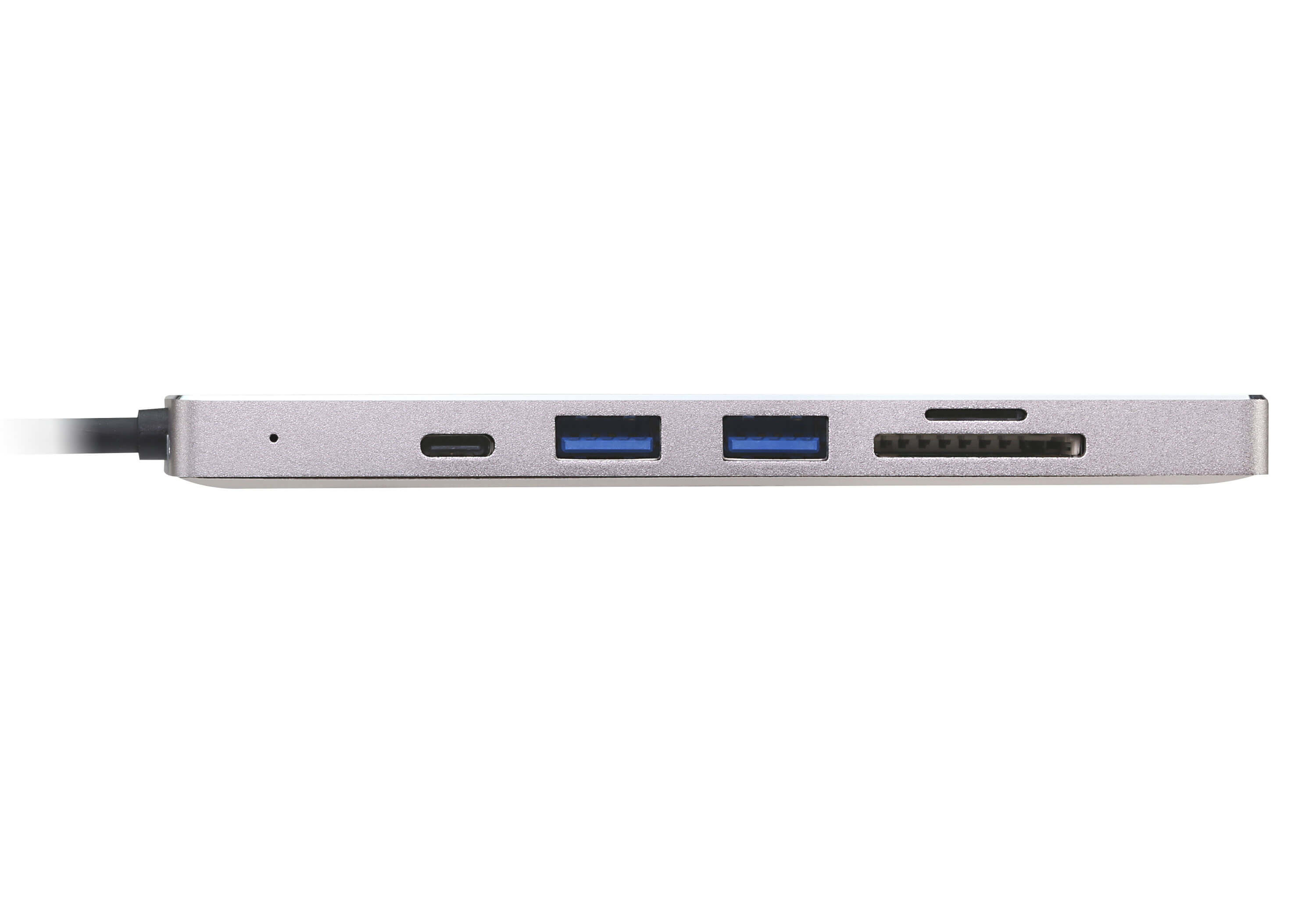 Hub argento con porte USB, USB-C e lettore di schede.
