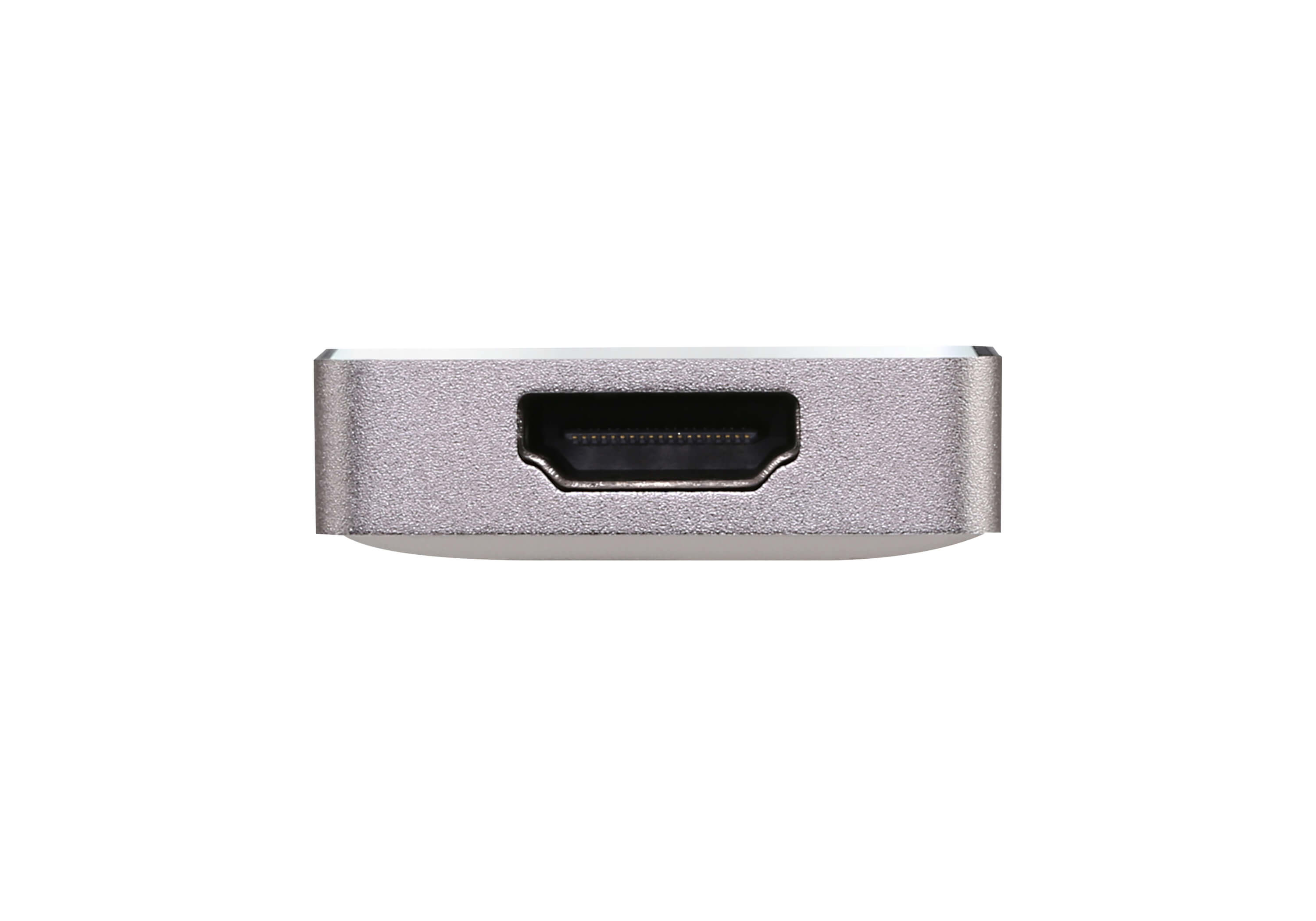 Porta HDMI argentata. Una porta nera al centro di un rettangolo argentato su sfondo bianco.