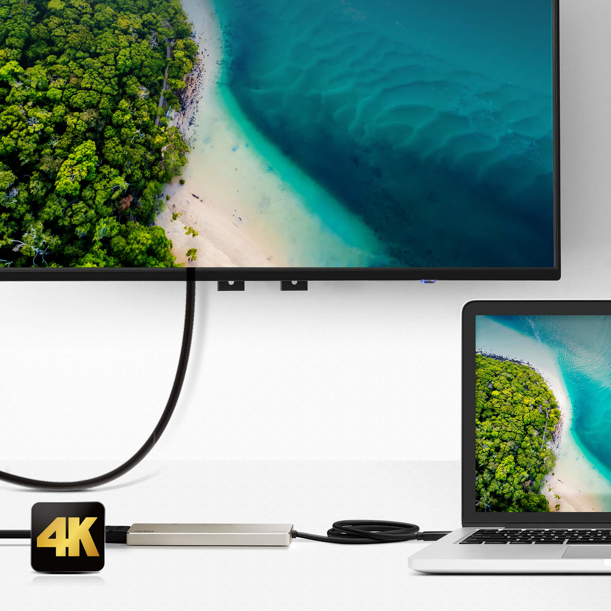 TV e laptop collegati tramite un dispositivo argentato. Scena mostra spiaggia e foresta.