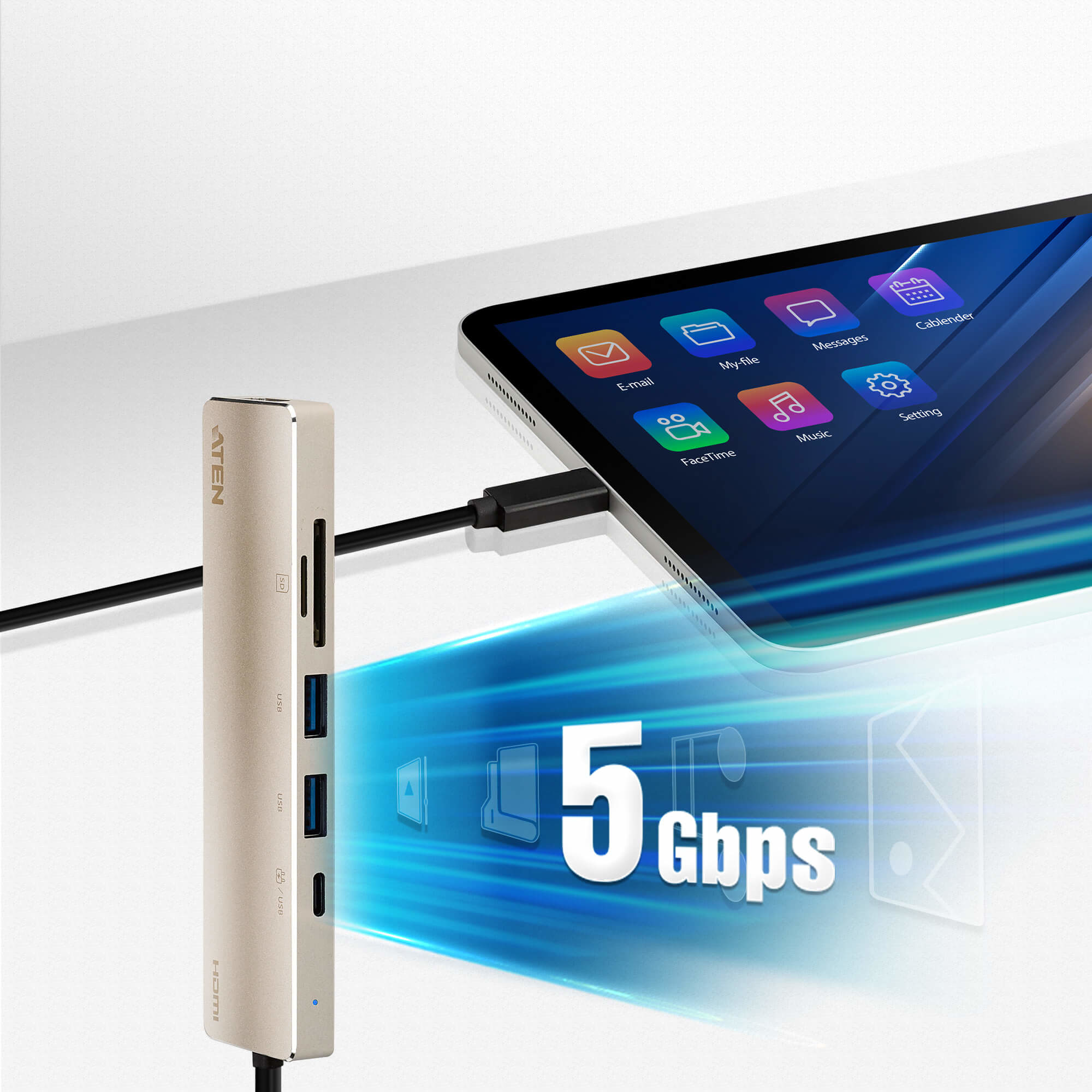 Hub USB-C argentato collegato a un tablet. L'hub ha porte HDMI, USB e USB-C.