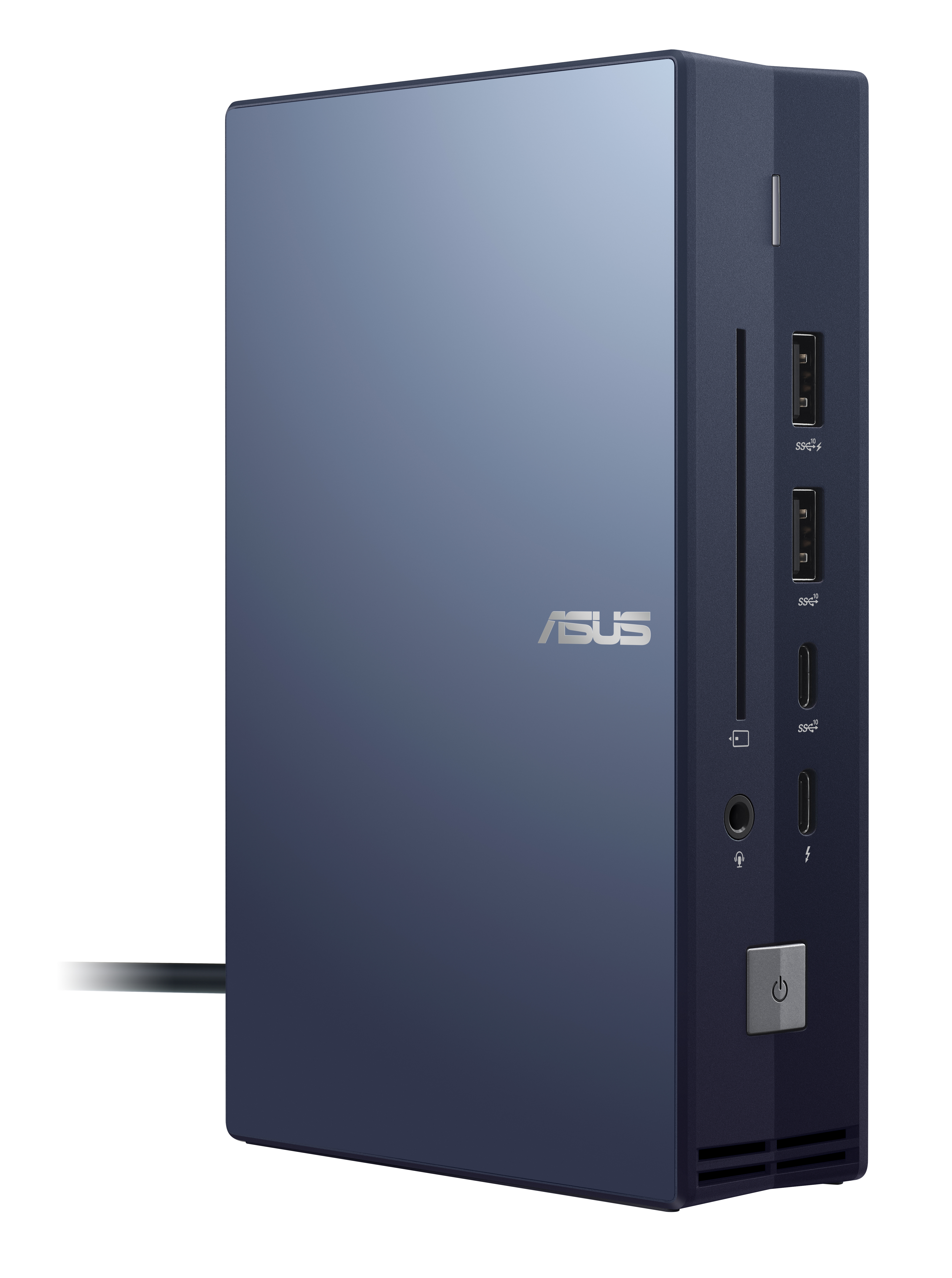 Çeşitli bağlantı noktaları ve bir güç düğmesi olan mavi-gri bir ASUS yerleştirme istasyonu.