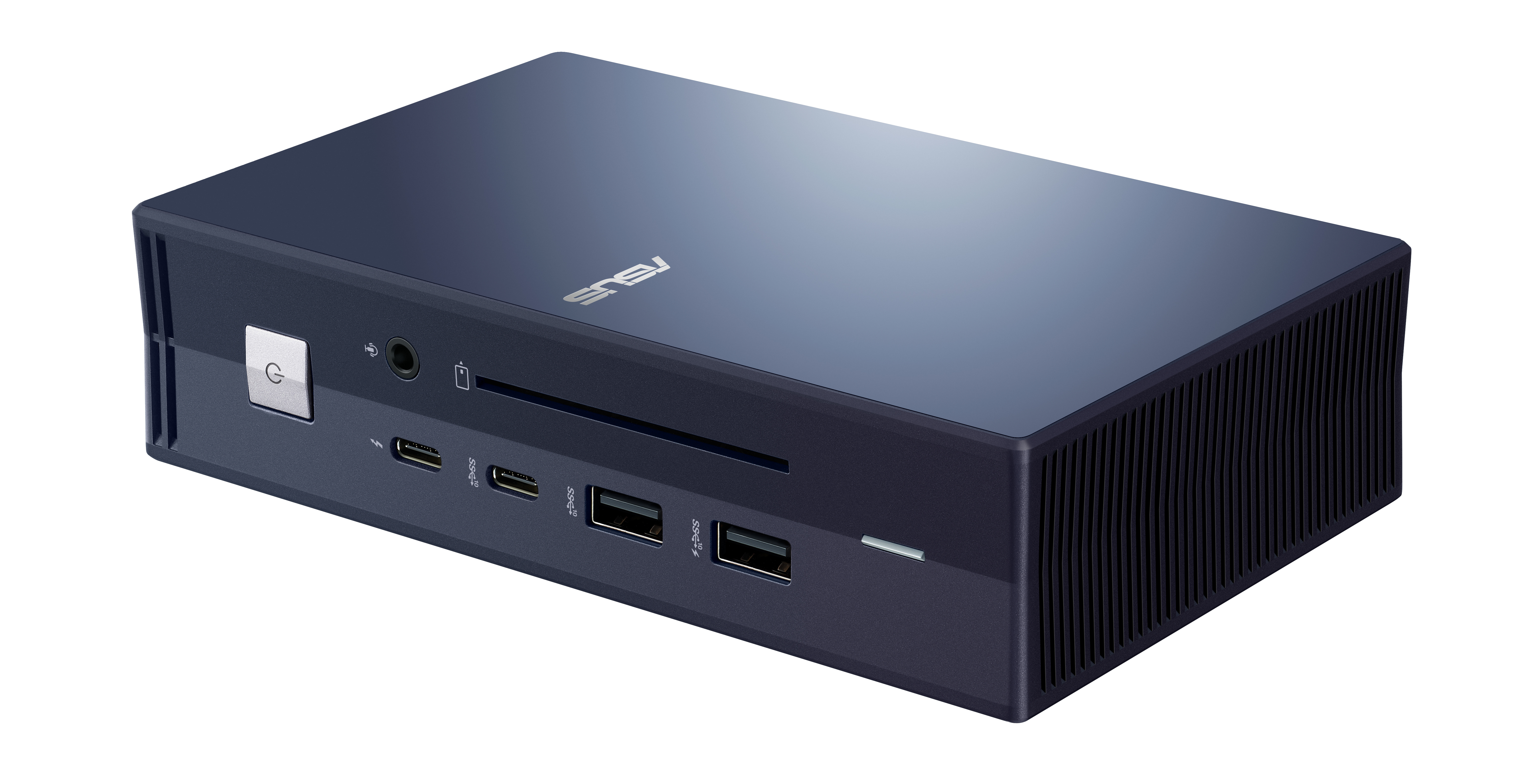 Beyaz zemin üzerinde koyu mavi ASUS mini PC. Güç düğmesi, USB portları ve diğer konektörleri gösterir.