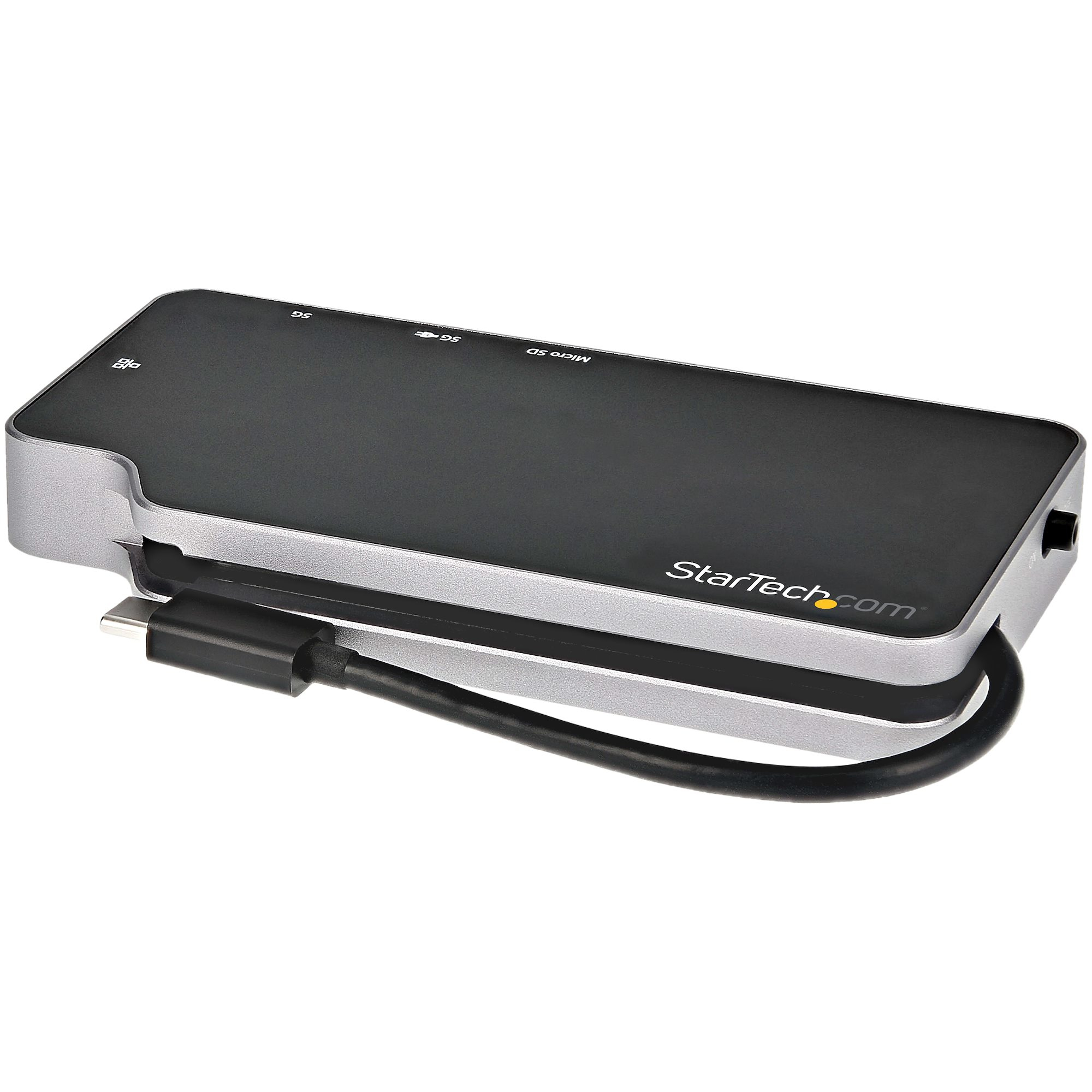 Ein schwarzes und silbernes Kartenlesegerät mit einem USB-C-Kabel. Es hat SD-, Micro-SD-Kartensteckplätze.