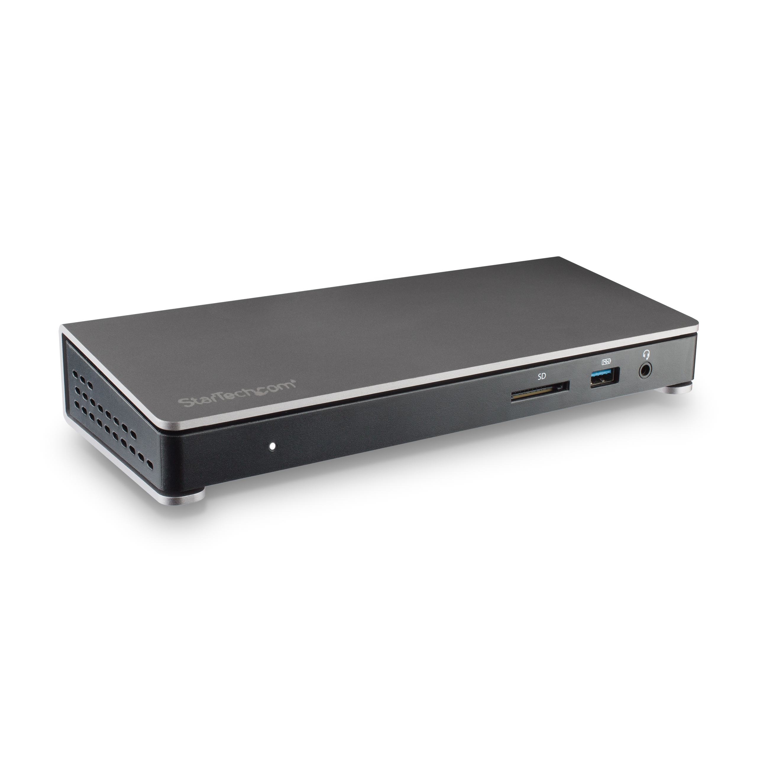 Eine schwarze, rechteckige Dockingstation mit mehreren Anschlüssen, einschließlich SD, USB und Audio.