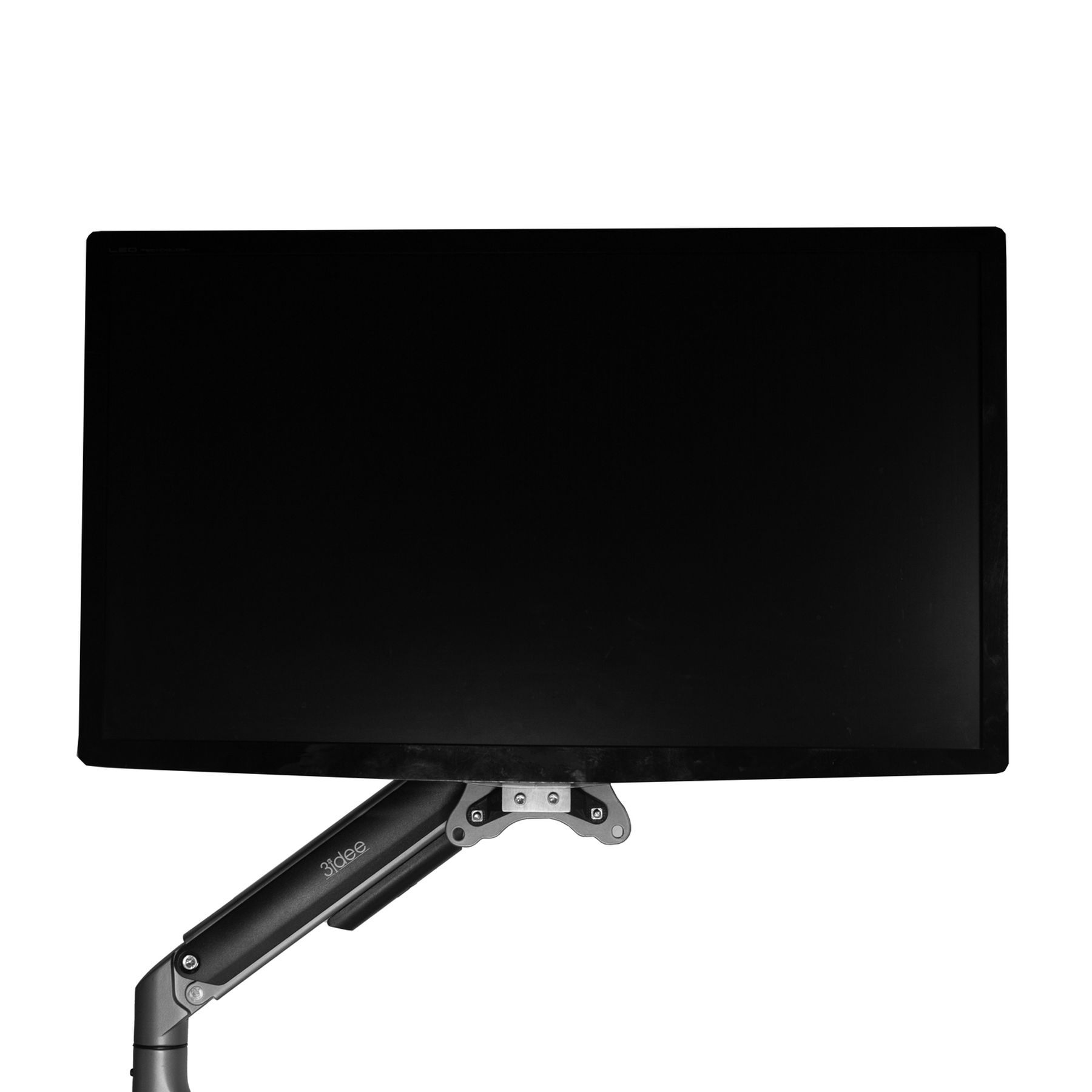 Monitor an einem schwarzen Arm befestigt. Der Bildschirm ist schwarz. 3idea-Logo auf dem Arm.