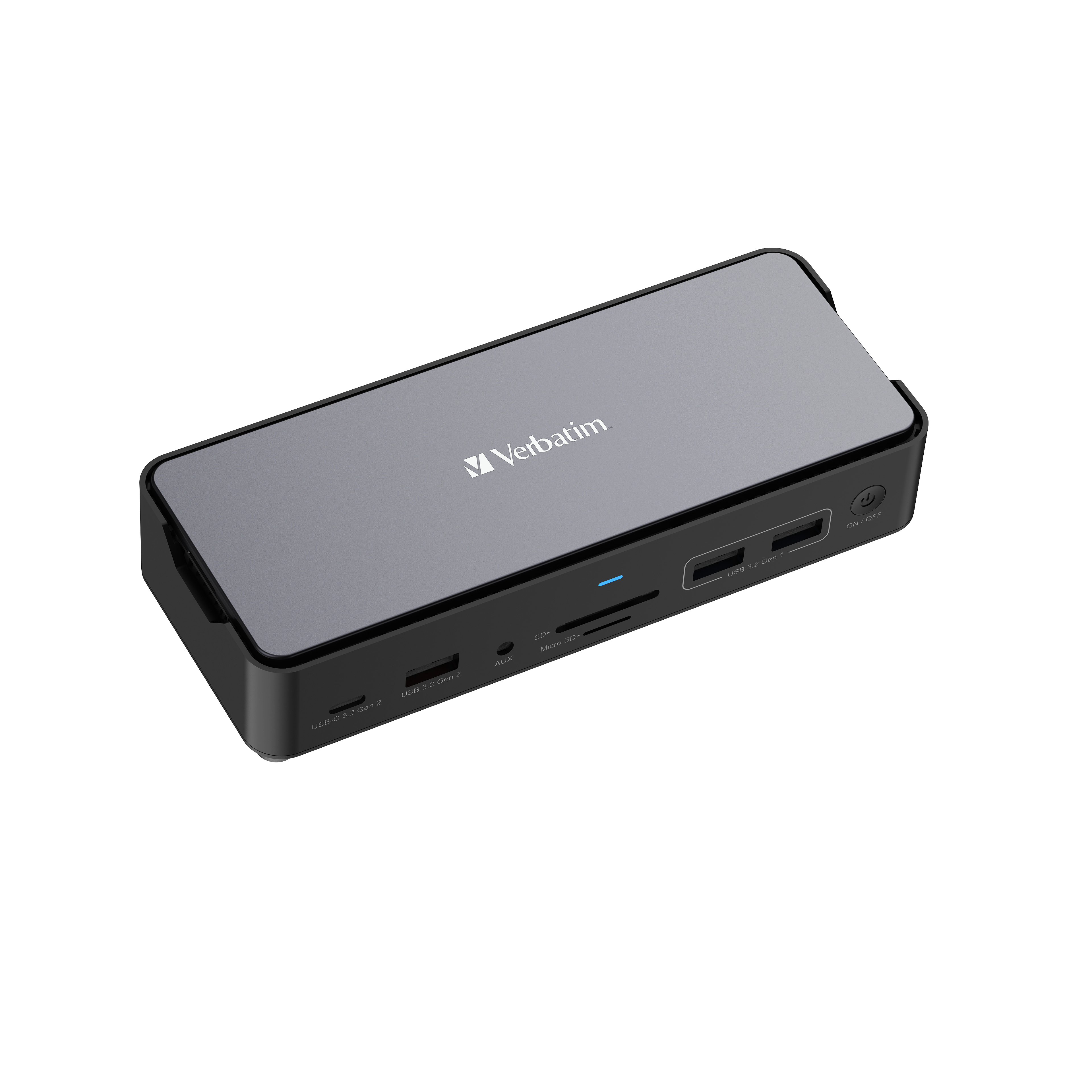 Schwarze Verbatim-Dockingstation mit mehreren Anschlüssen, USB- und SD-Kartensteckplätze.