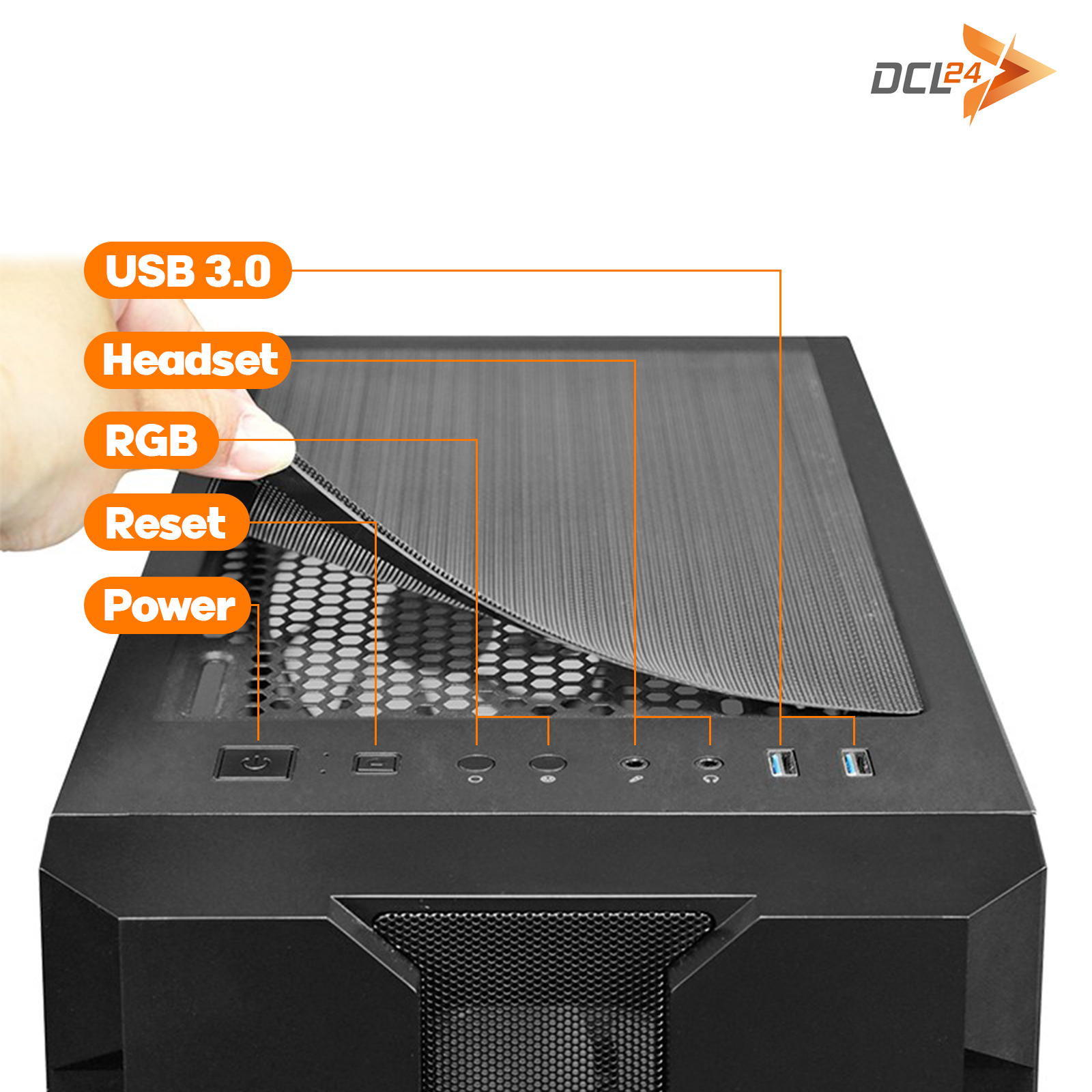 Schwarzes Computergehäuse mit Beschriftungen für USB, Headset, RGB, Reset und Power. Eine Hand hebt die obere Abdeckung.