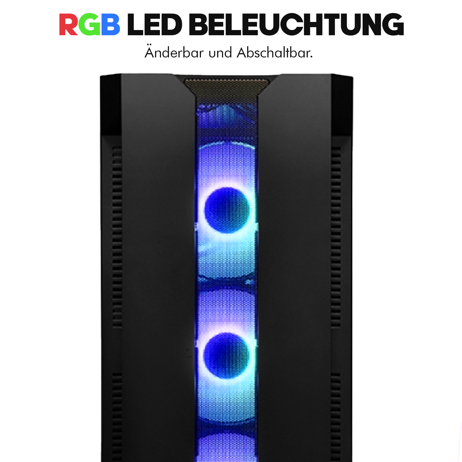 Schwarzes Computergehäuse mit RGB-LED-Beleuchtung, blaue und violette Lichter sichtbar.