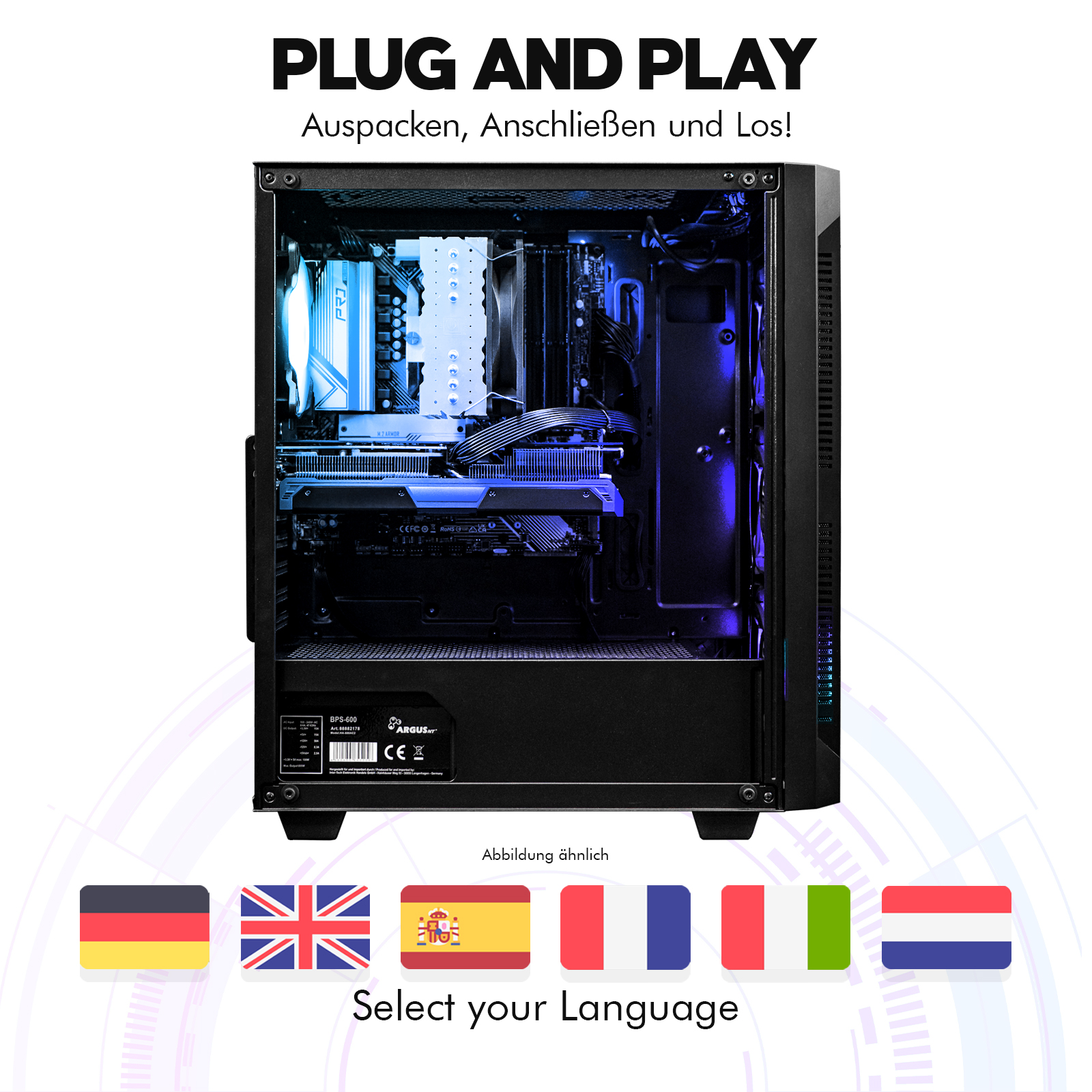 Schwarzes Computergehäuse mit internen Komponenten. Ein Display zeigt blaues Licht. Flaggen verschiedener Länder befinden sich am unteren Rand.