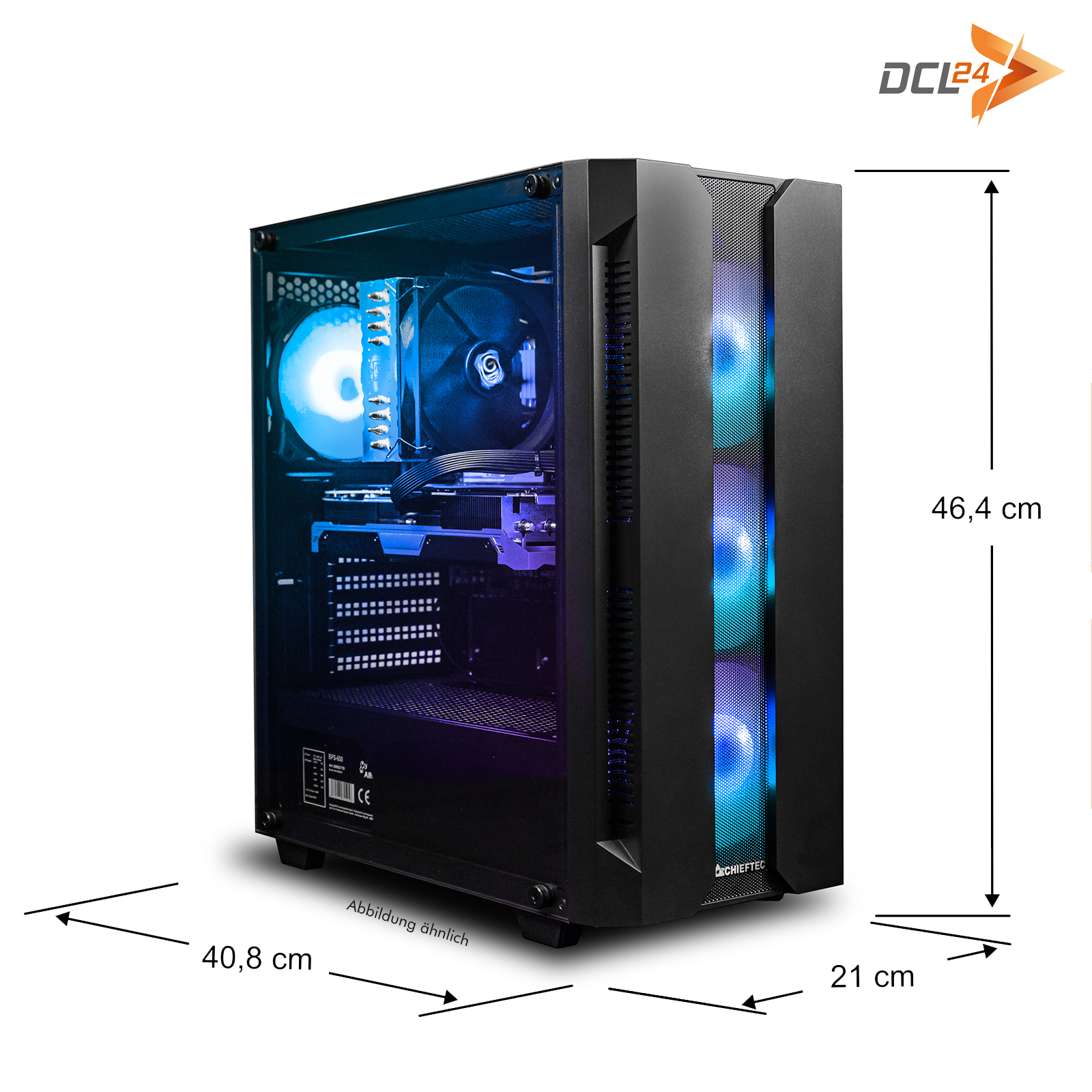 Ein schwarzes Computergehäuse mit blau-weißer Beleuchtung, Abmessungen sind angegeben.