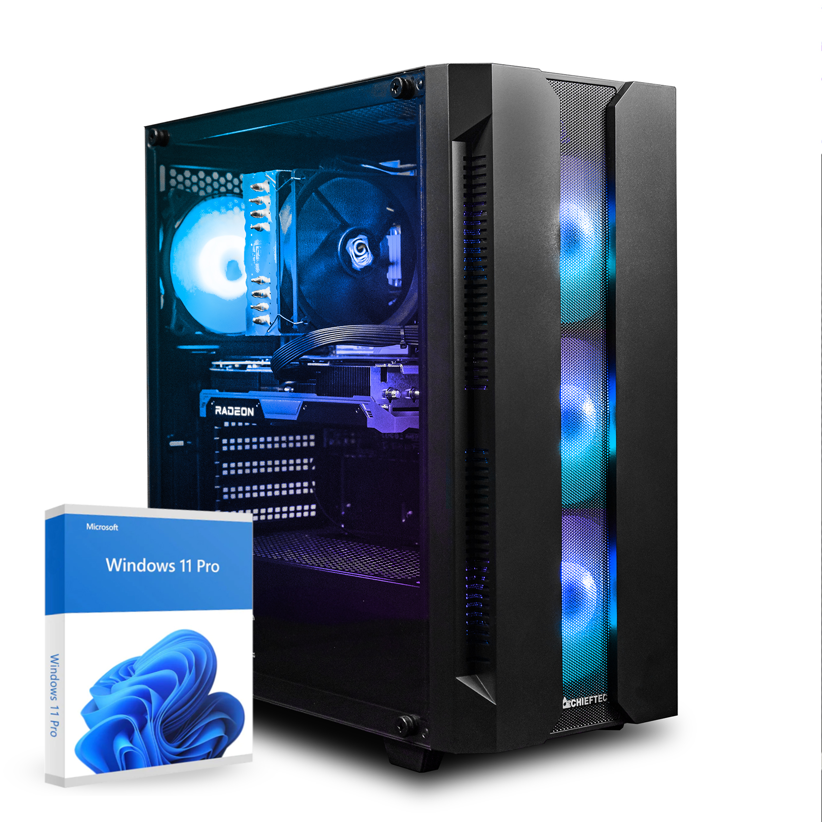 Schwarzes Computergehäuse mit Seitenlichtern. Eine Windows 11 Pro Box befindet sich links.