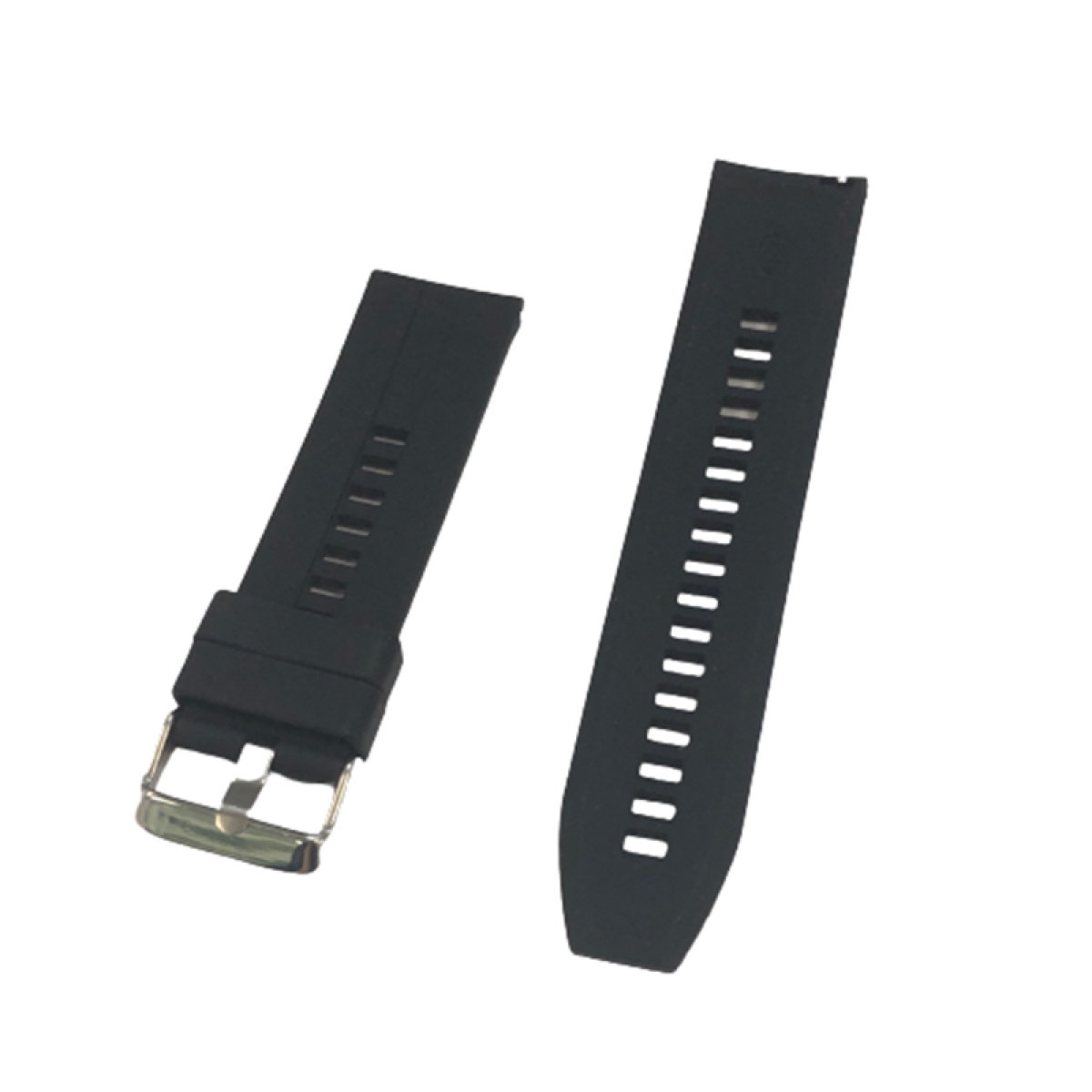 Czarny pasek do zegarka, dwa elementy obok siebie, z klamrą i otworami na pasek.