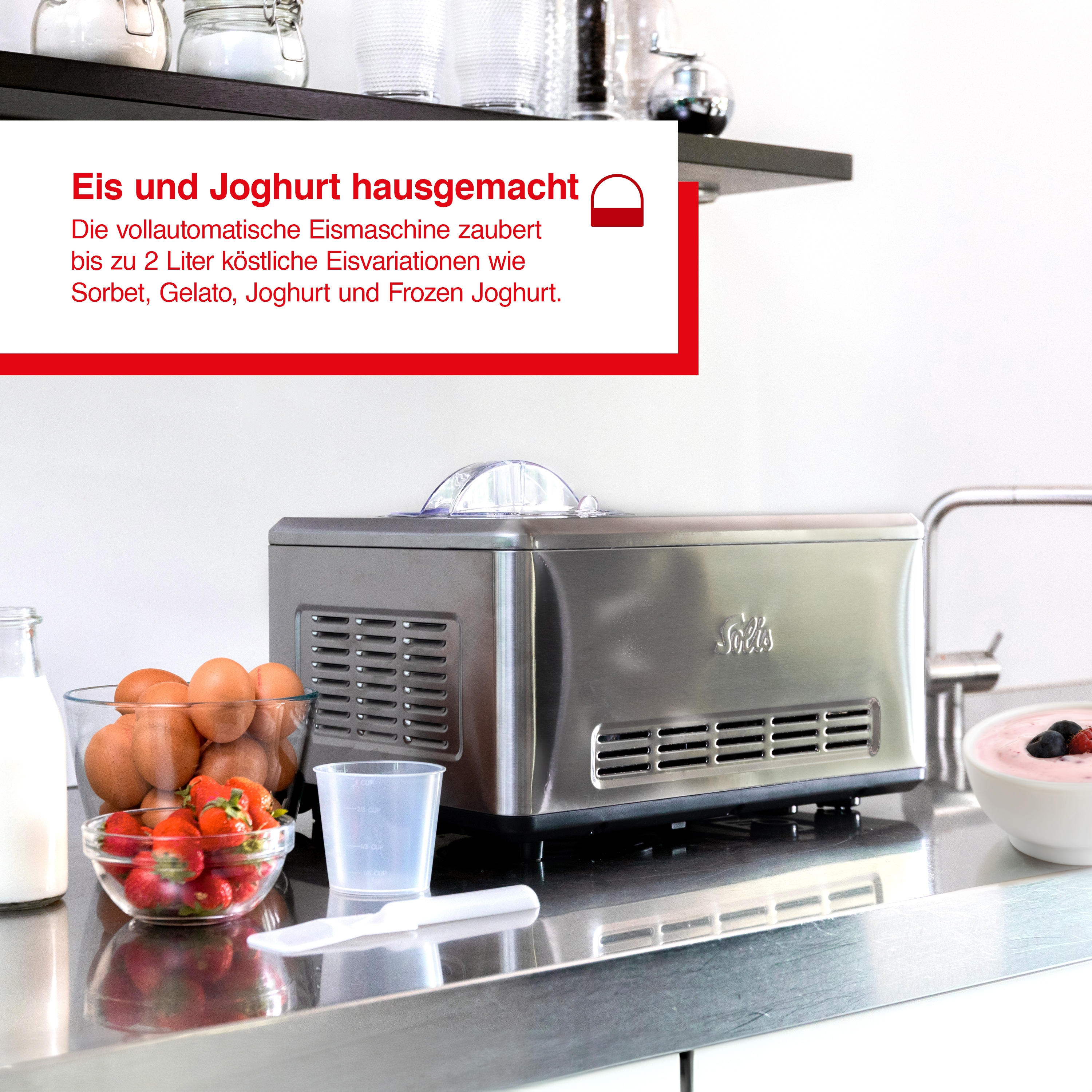 Eiscrememaschine aus Edelstahl mit Zutaten: Eier, Erdbeeren und Joghurt. Text: Eis und Joghurt hausgemacht.