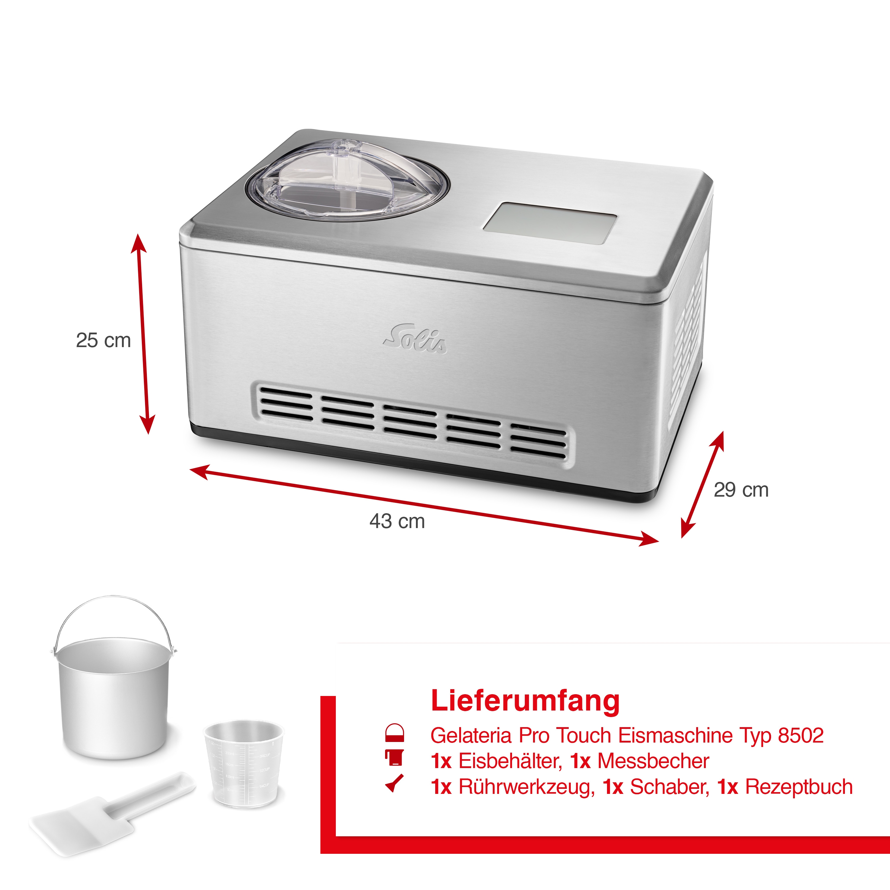 Eine silberne Eismaschine mit Abmessungen und Zubehör auf einer weißen Oberfläche.