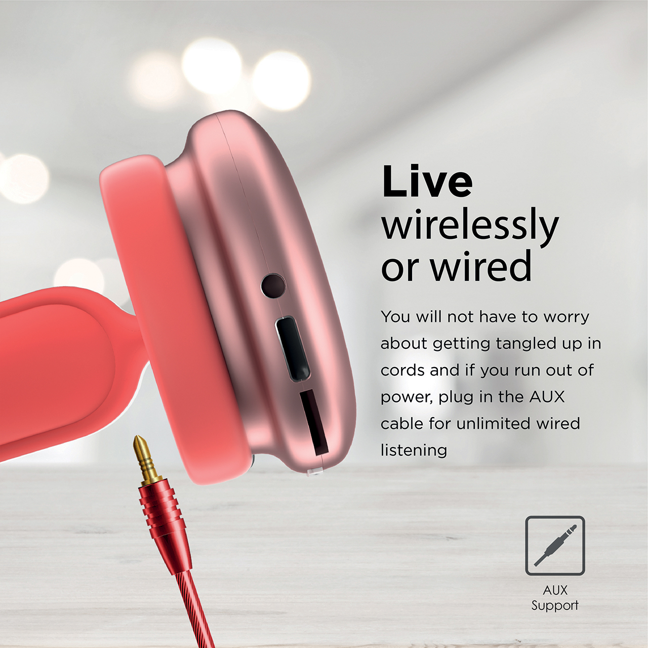 Auriculares y cable de audio rojos, con texto sobre escuchar inalámbrico o con cable.