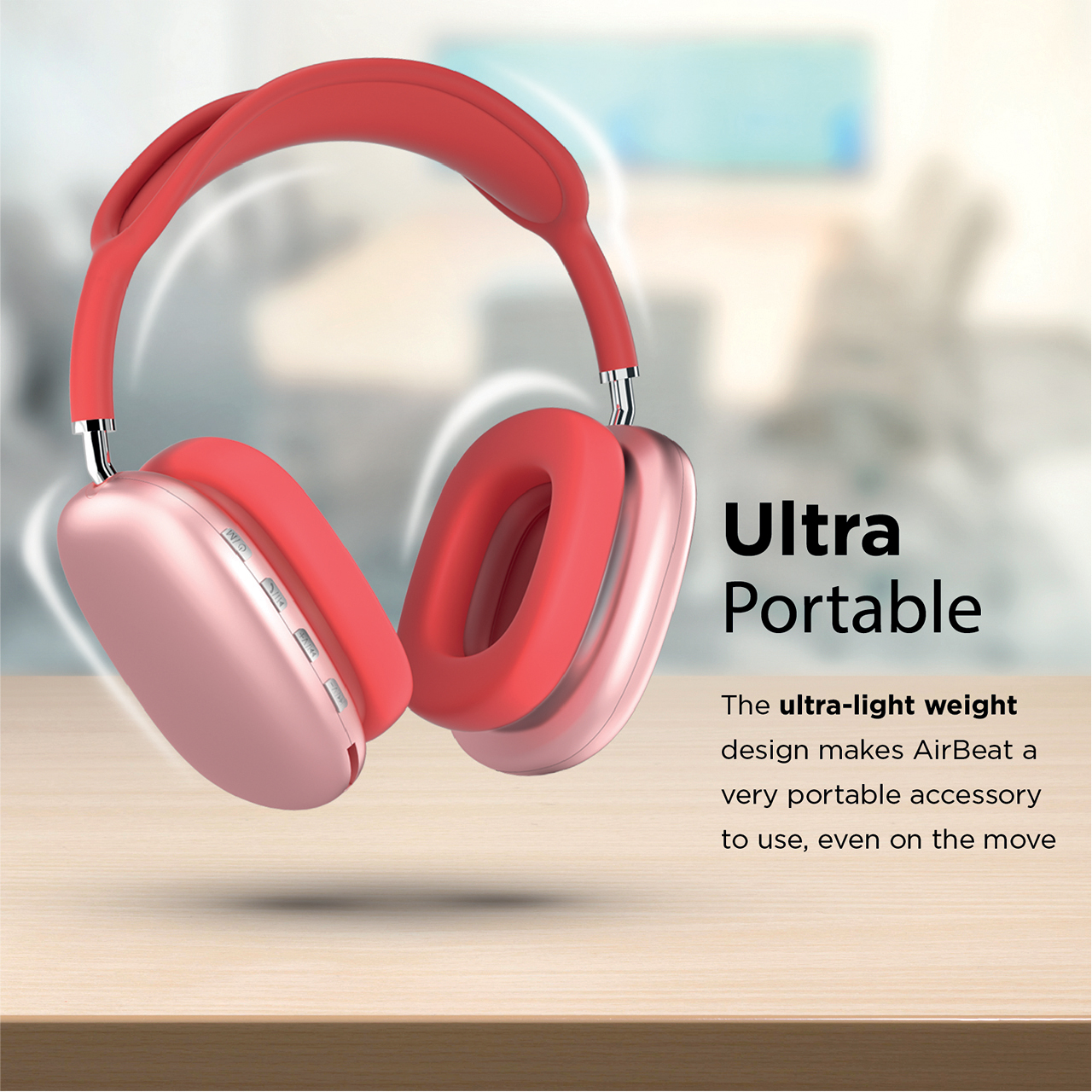 Auriculares rosas y rojos con el texto "Ultra Portable" y descripción del producto.