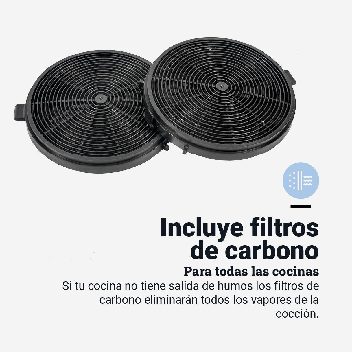 Dos filtros de carbón negro con texto en español que describe su uso en una cocina.