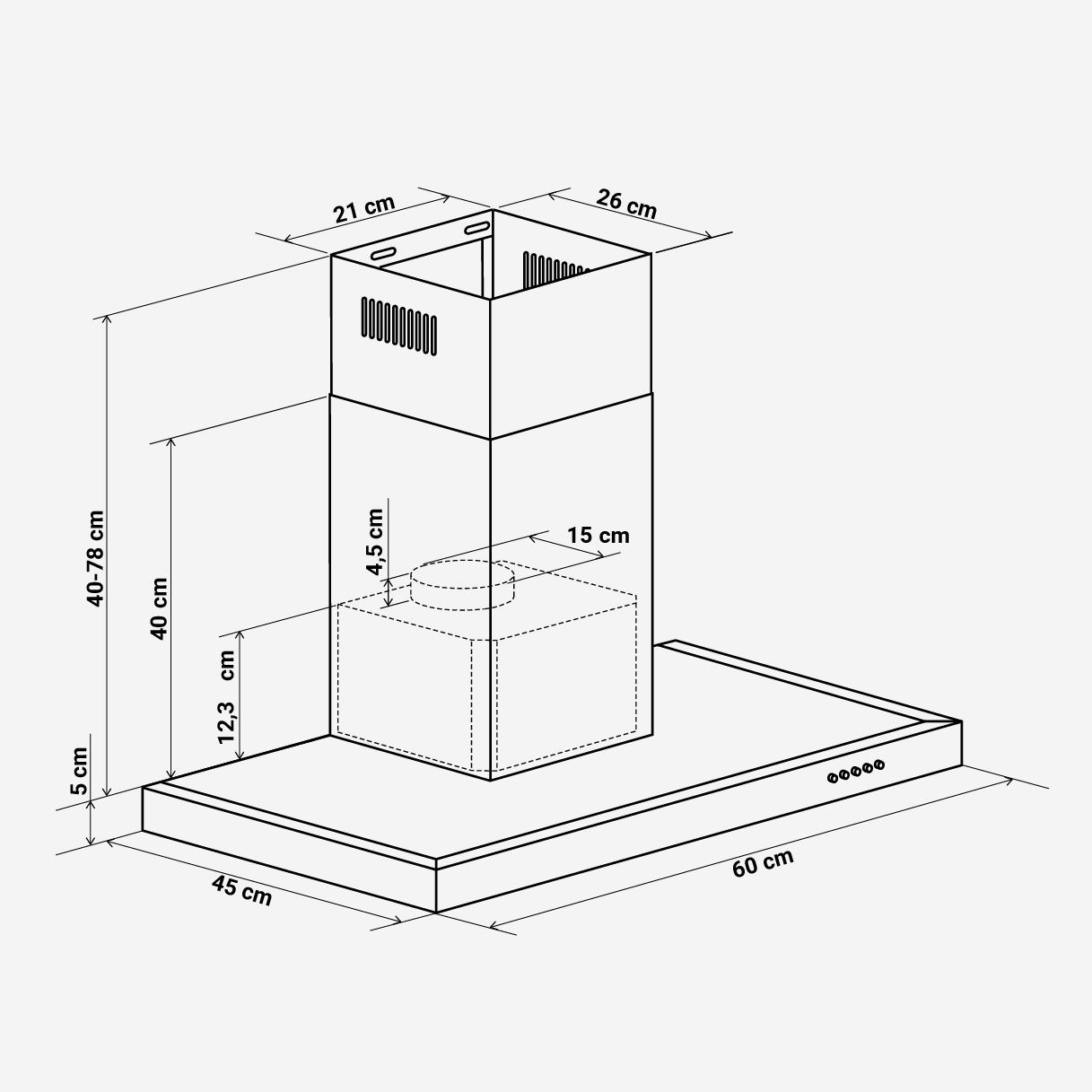 Diagrama de una campana extractora con dimensiones etiquetadas en centímetros.