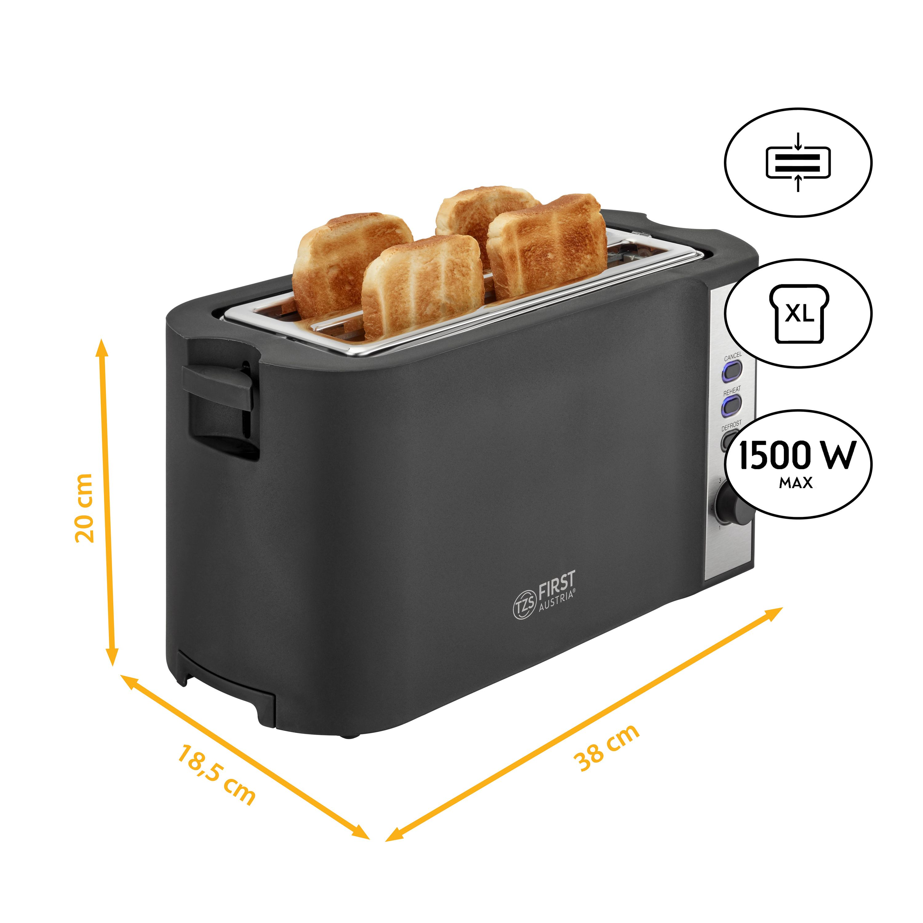 Schwarzer Toaster mit vier Toastbrotscheiben, Abmessungen und Text: 1500 W MAX. Weißer Hintergrund.