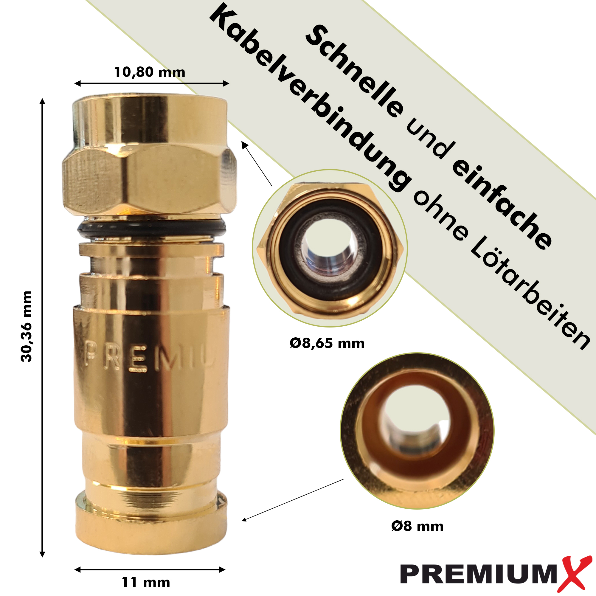Goldfarbener Koaxialkabelstecker mit Maßen und Text in deutscher Sprache.