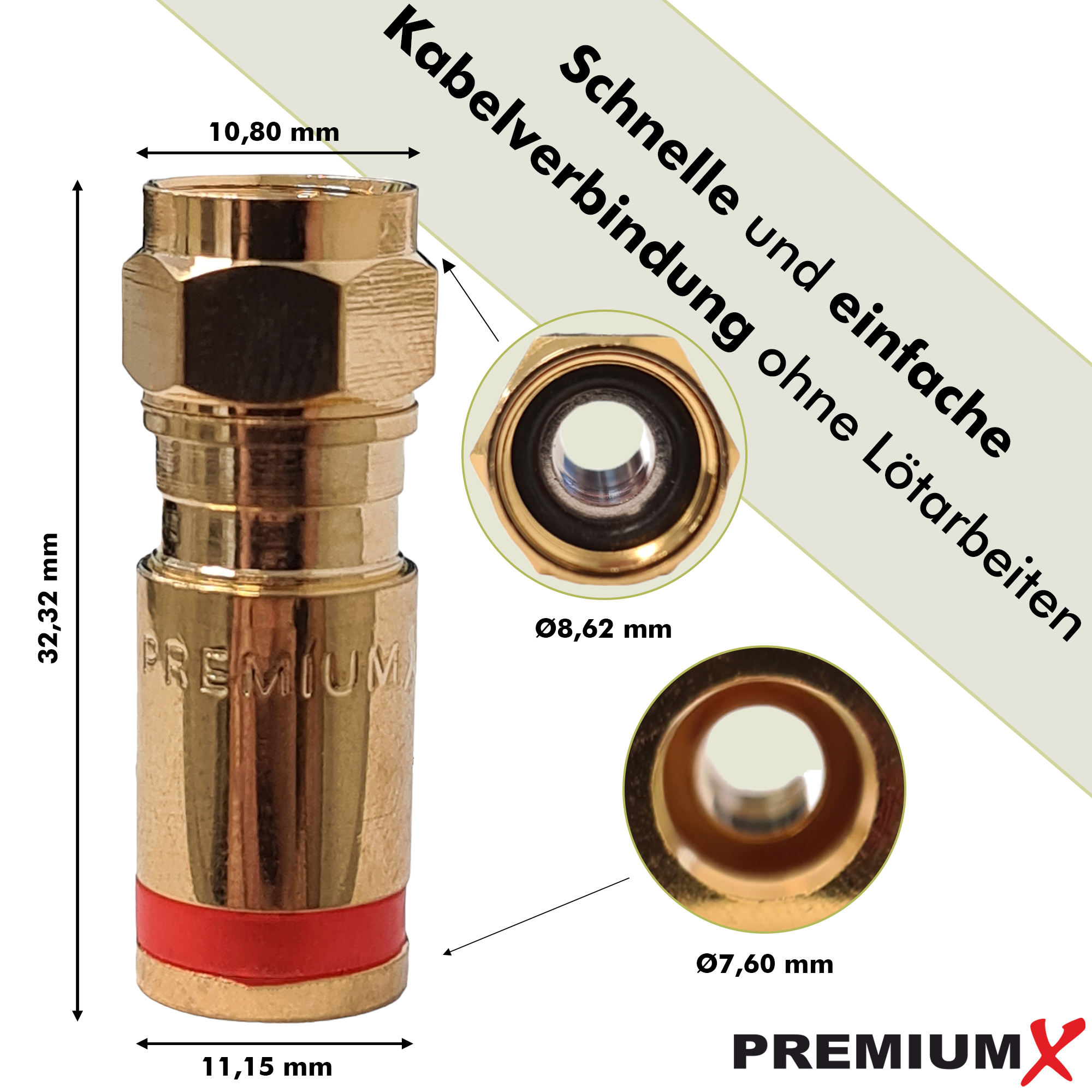Ein gold-roter Stecker mit Maßangaben und Text über einen schnellen und einfachen Anschluss.