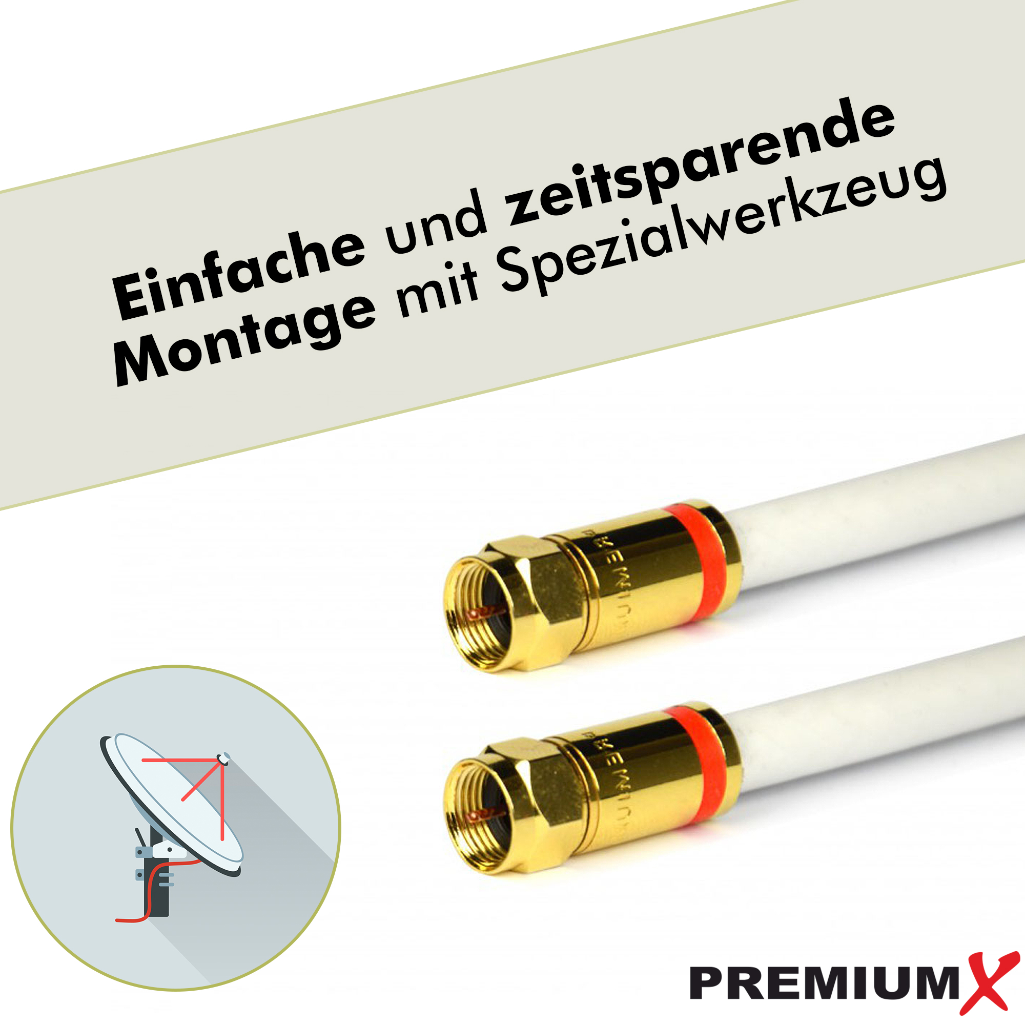 Zwei weiße Koaxialkabel. Goldene Stecker mit rotem Ring. Nahaufnahme.