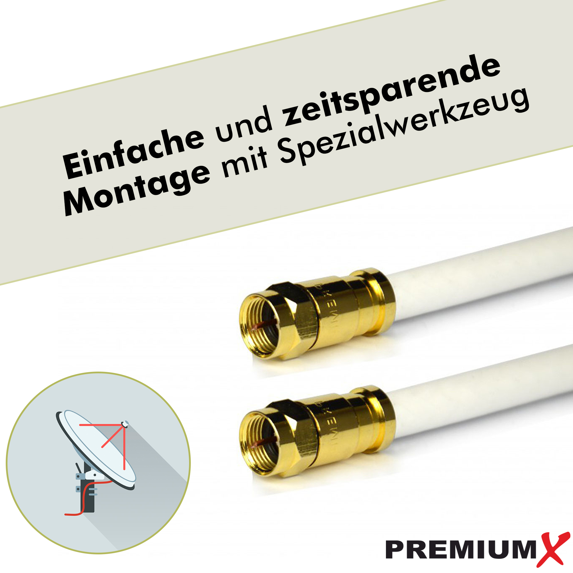 Zwei Koaxialkabel. Text: Einfache und zeitsparende Montage mit Spezialwerkzeug.