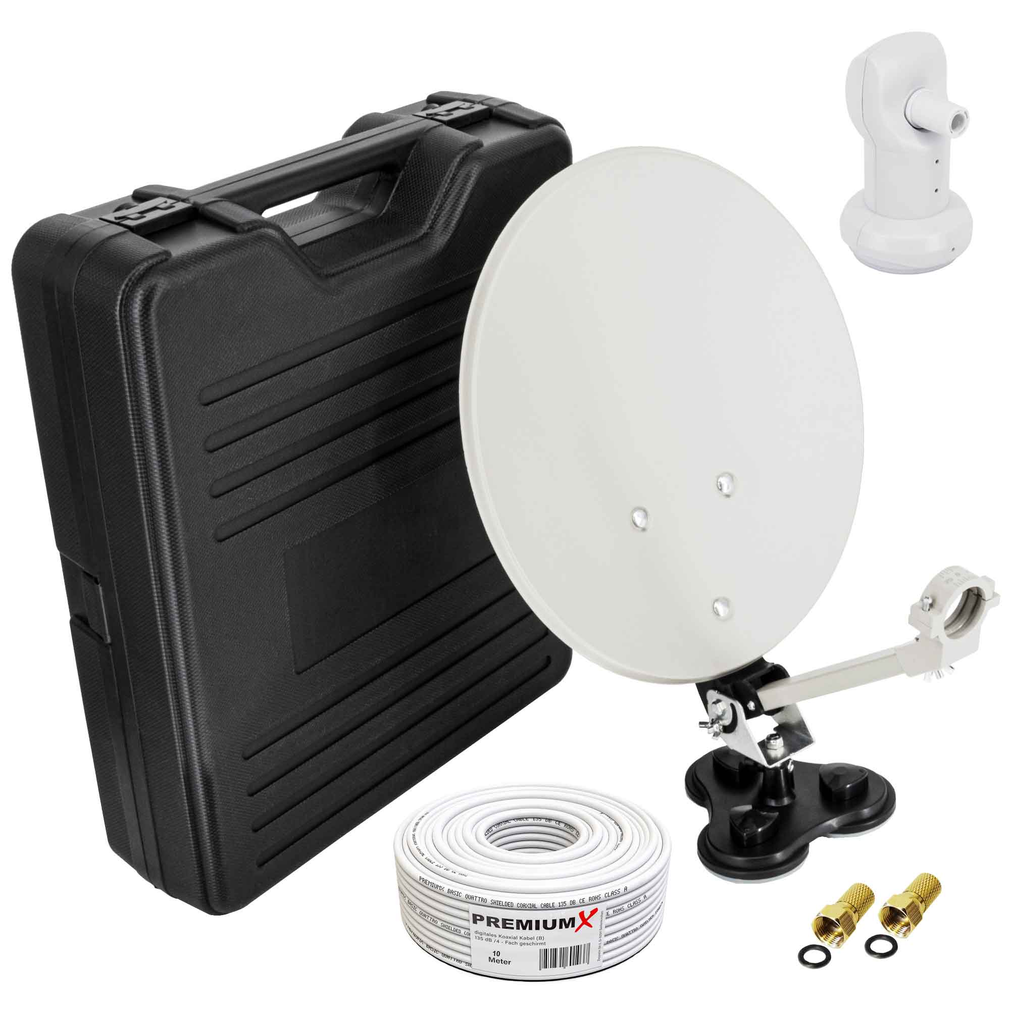 Satellitenschüssel-Kit. Enthält einen schwarzen Koffer, Schüssel, Kabel und andere Komponenten.