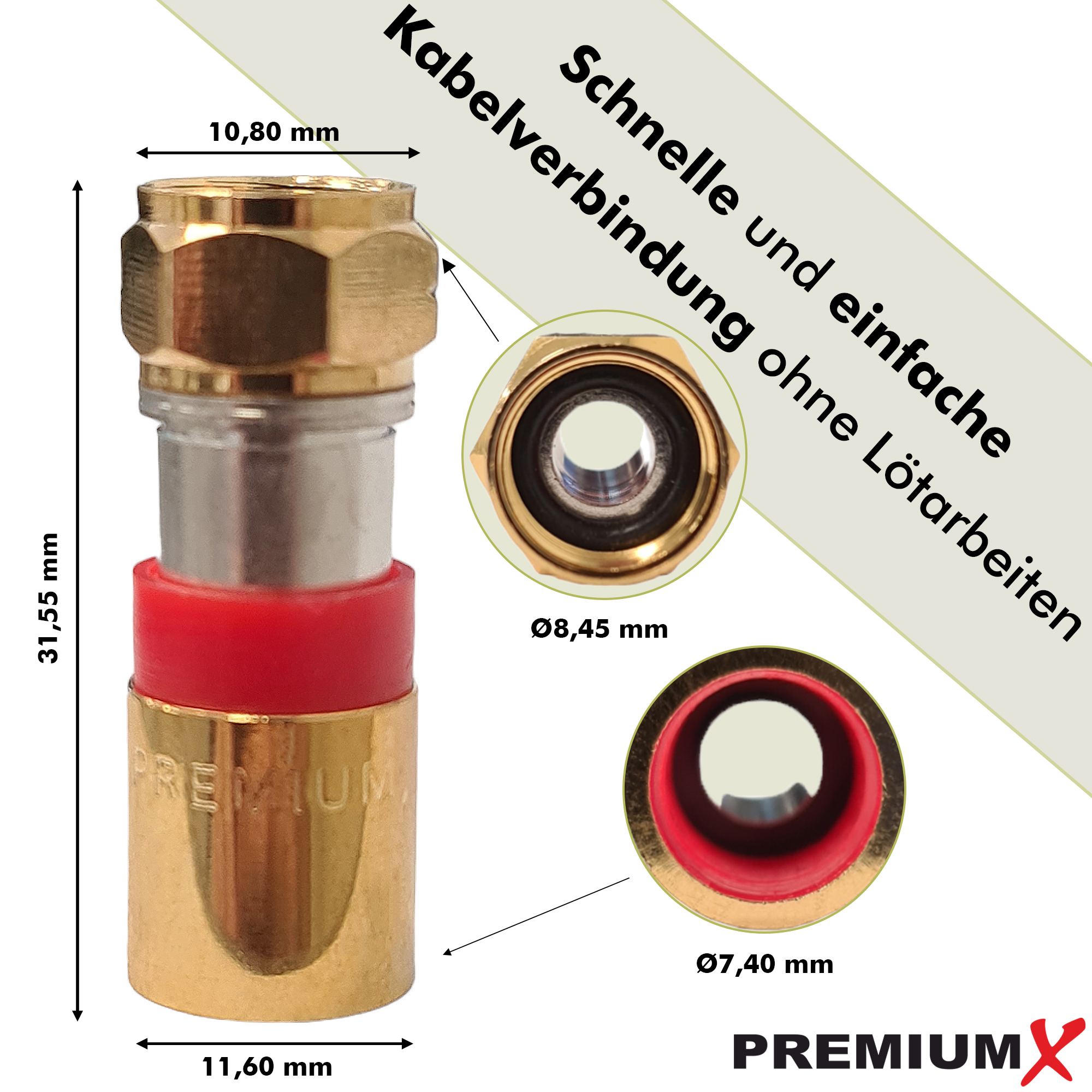 Ein gold-roter Koaxialkabel-Stecker mit Abmessungen und Text auf dem Bild.